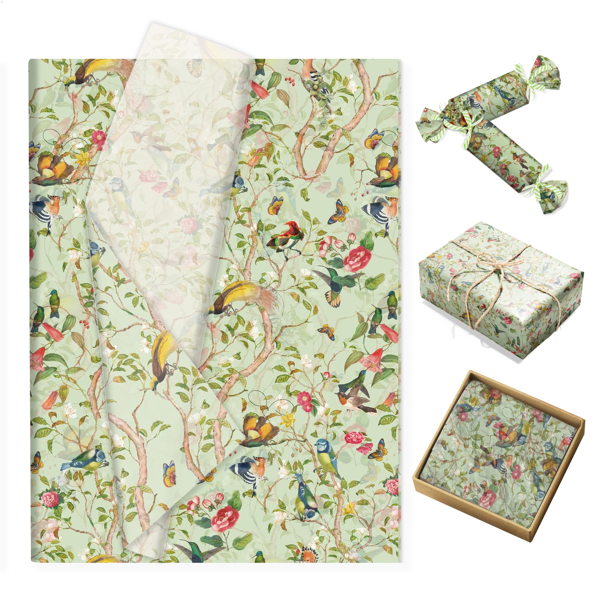 100 Blatt Seidenpapier Grün Geschenkpapier Seidenpapier Blumen Vintage Blumen- und Vogeldesign für Geburtstag Blumenstrauß Papier Babyparty Hochzeit Taufe Kommunion Geschenkverpackung,50x35cm