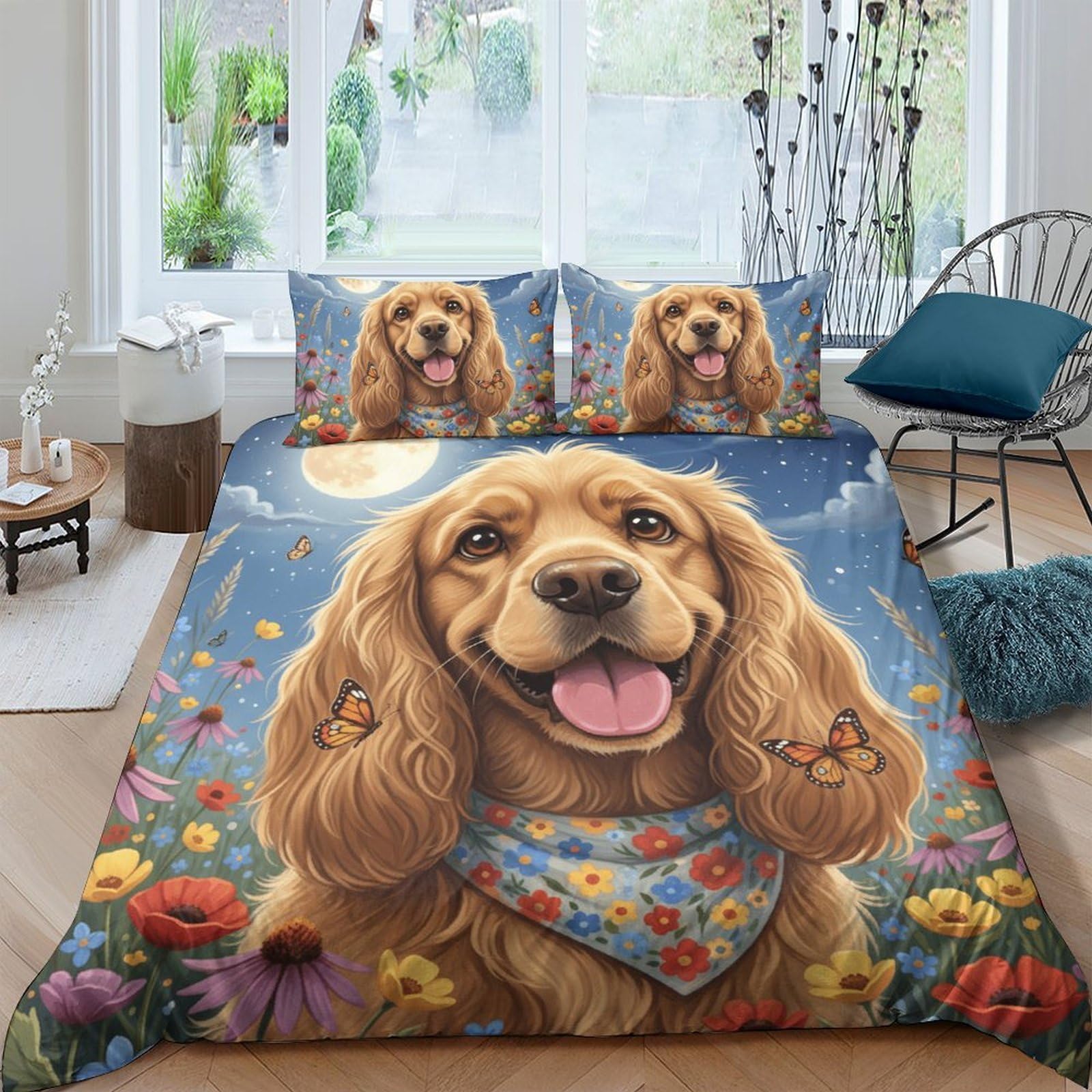 GPLZQXKJNH 3D Printed Golden Retriever Duvet Cover Microfiber Soft Floral Dog Bedding Set with 2 Pillowcases for Bedroom Decor Single（135x200cm）