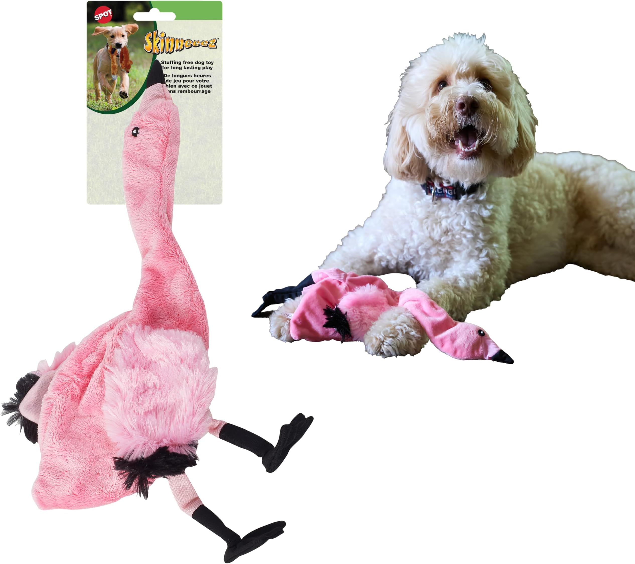 Skinneeez Flamingo 19 Inch Stuffing-Free Plush Dog Toy with Dual Squeakers – Long Interactive Chew Toy for Medium and Large Dogs – Mess-Free Play for Light & Moderate Chewers