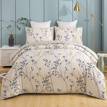 Tache Elegant Leaf Vine Nature Earthy Floral Neutral Cream Beige Tan Blue Breathable Poplin Cotton Zipper Duvet Cover, Twin