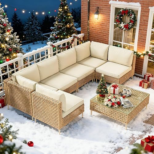 LHBcraft Juego de muebles seccionales de mimbre de 7 piezas, muebles modulares de ratán para exteriores, juegos de conversación de patio, sofá