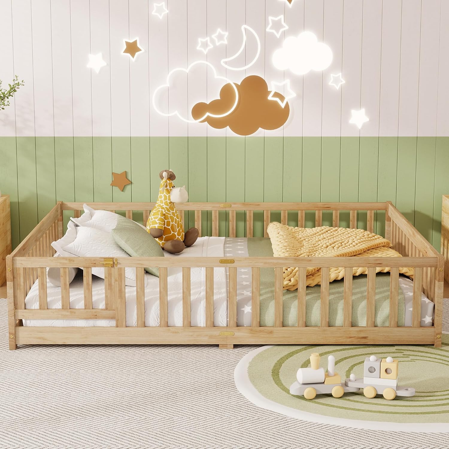 Harper & Bright Designs Queen Size Floor Bed with Fence and Door, Wood Montessori Floor Bed Frame for Kids, Boys Girls, Slats Included, No Box Spring Needed (Natural)