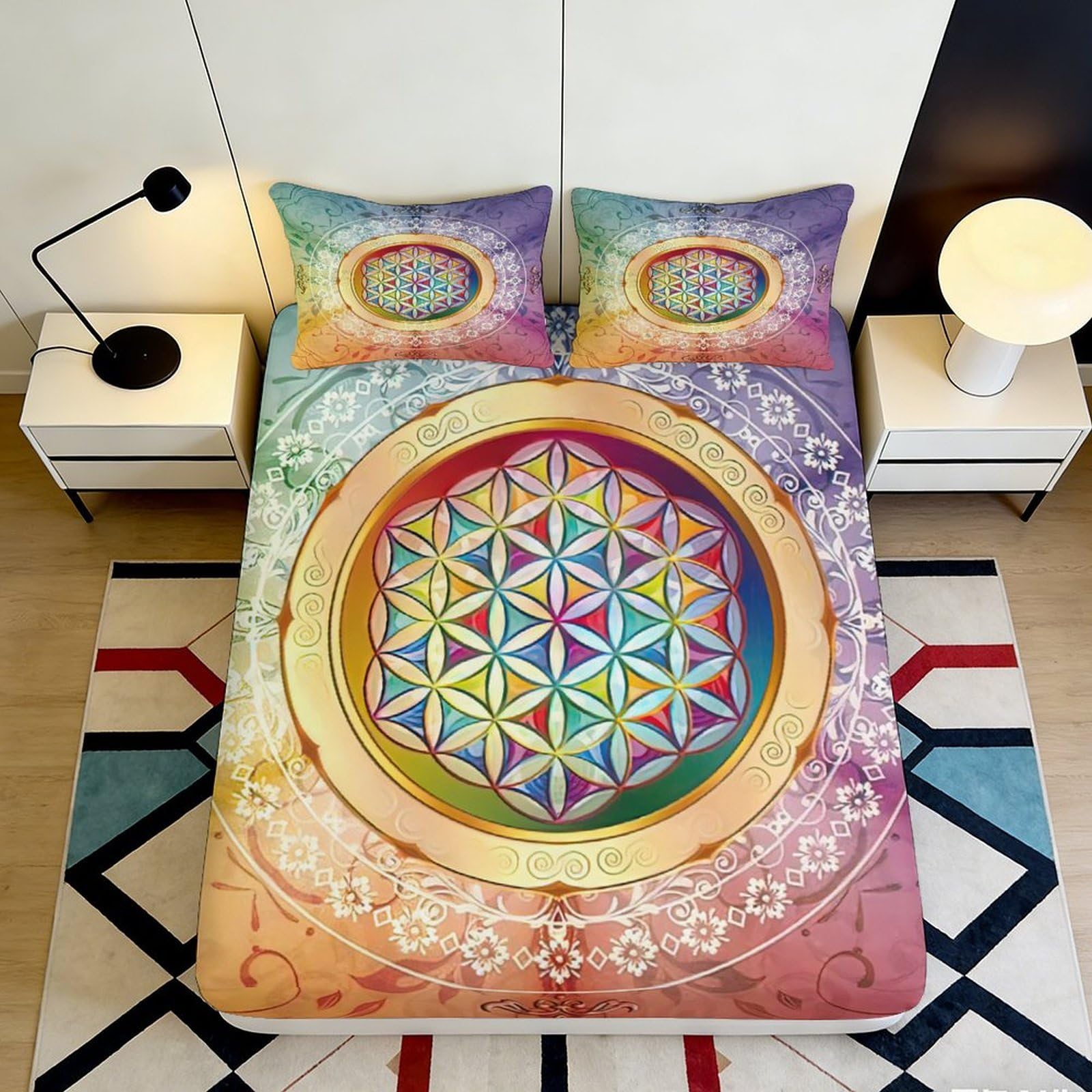 3D Printed Mandala Geometry Fitted Sheet Microfiber Non Slip Rainbow Pattern Mattress Cover for Bedroom Dorm Easy Care 160x200x25cm