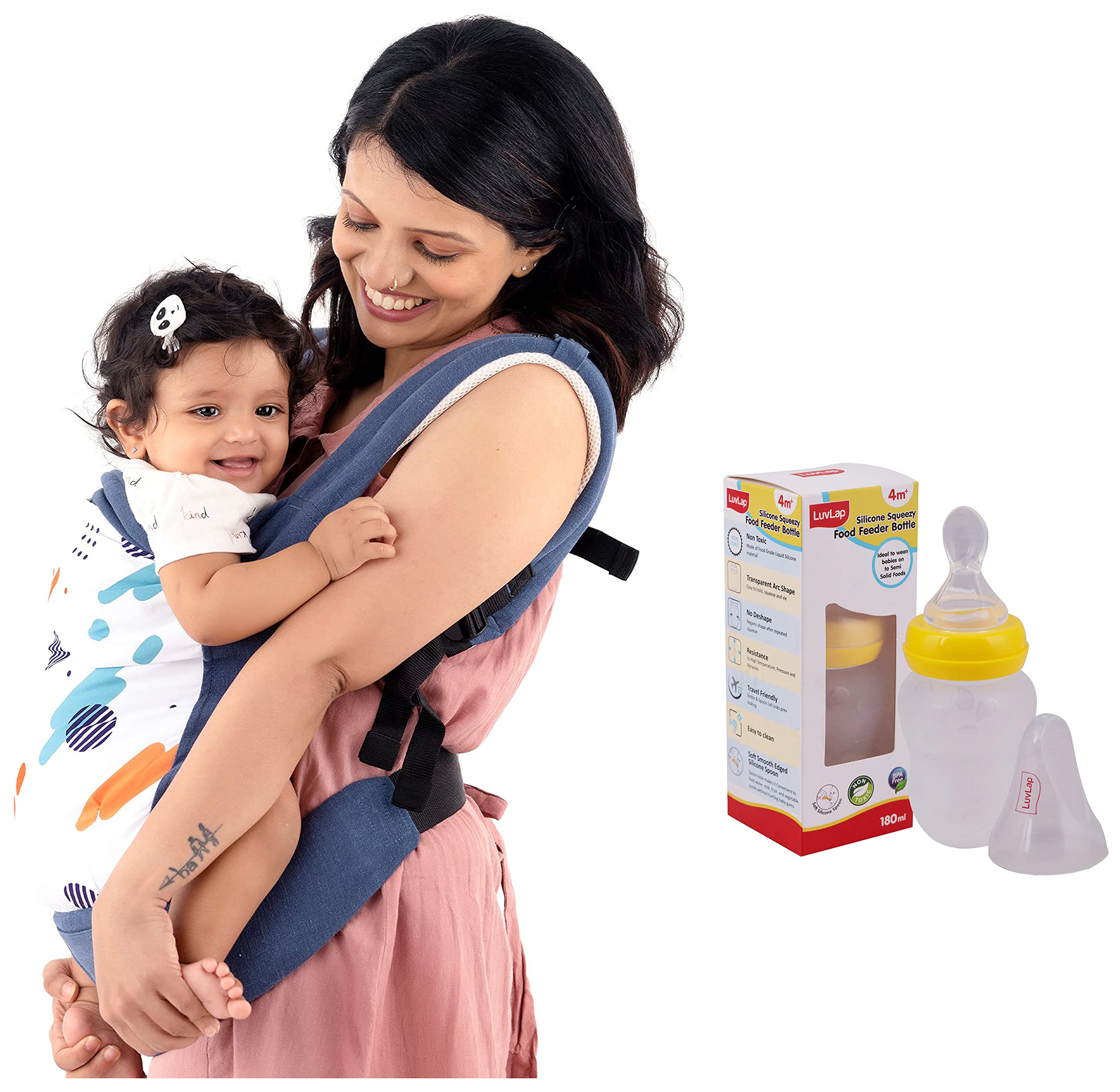 Luvlap Adore Baby Carrier with 3 Carry Positions, for 6 to 24 Months Baby, Max Weight Up to 18 Kgs (Blue) & Feeding Spoon with Squeezy Food Grade Silicone Feeder Bottle, for Infant Baby, 180ml,-image-37