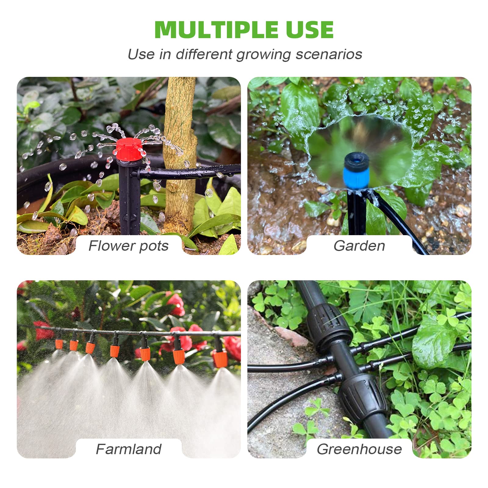 Kit per sistema di irrigazione a goccia per giardino, sistema di irrigazione con ugelli regolabili, tubo flessibile da 1/2 e 1/4", raffreddamento automatico fai da te per prato esterno, patio, serra