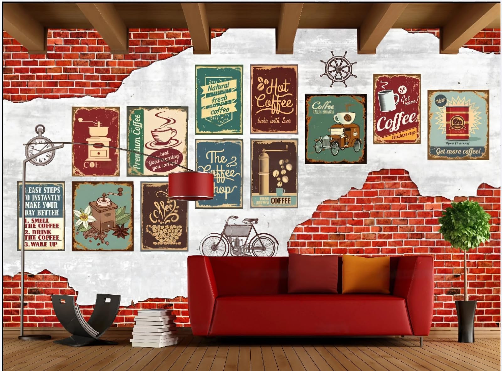 rskjdghshd Wallpaper Retro Nostalgic Red Brick Wall Hand-Painted Coffee Letter Photo Bar Dining Background Wall Western Restaurant Wallpaper Drink Cafe Mural,3D,430x300cm