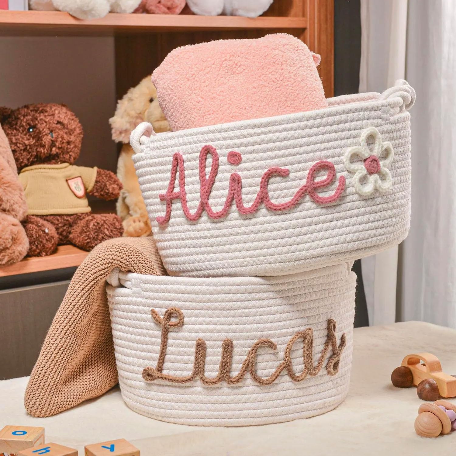 Panier Personnalisé Pour Bébé Avec Prénom, Paniers Tissés À La Main En Coton, Organiseur De Jouets Personnalisé Pour Nouveau-né Fille Ou Garçon, Décoration Pour Chambre D'enfant(M:35X13X19CM)