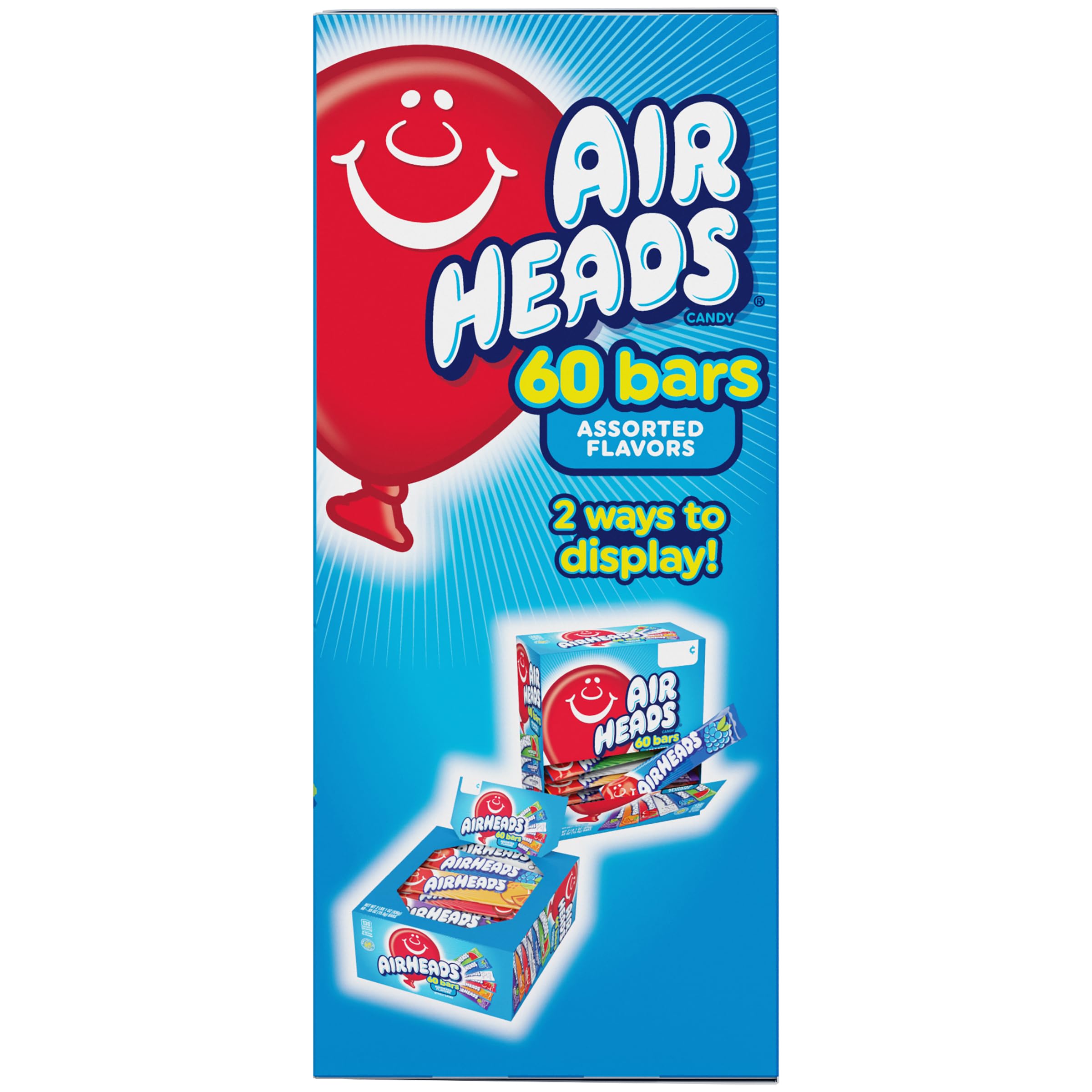 Airheads Candy Bars, Variety Bulk Box, Chewy Full Size Fruit Taffy, Gifts, Holiday, Parties, Concessions, Pantry, Non-Melting, Party, 60 Individually Wrapped Full Size Bars (Pack of 2)