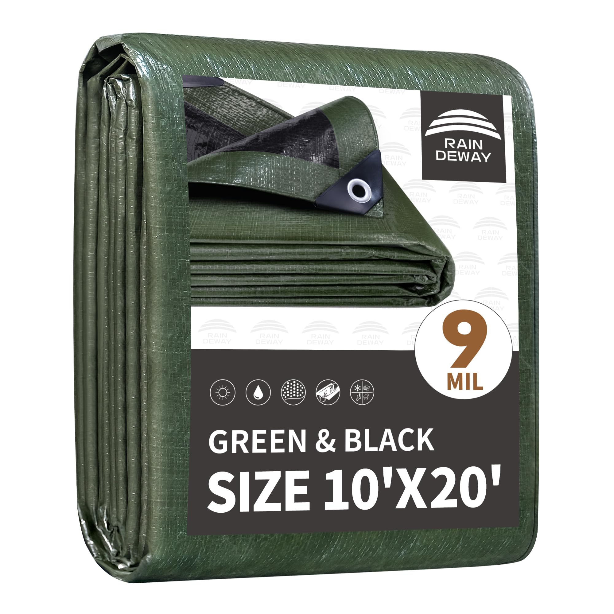RAINDEWAY 10x20 Feet Tarp Waterproof, 9Mil Green/Black Poly Tarps Cover
