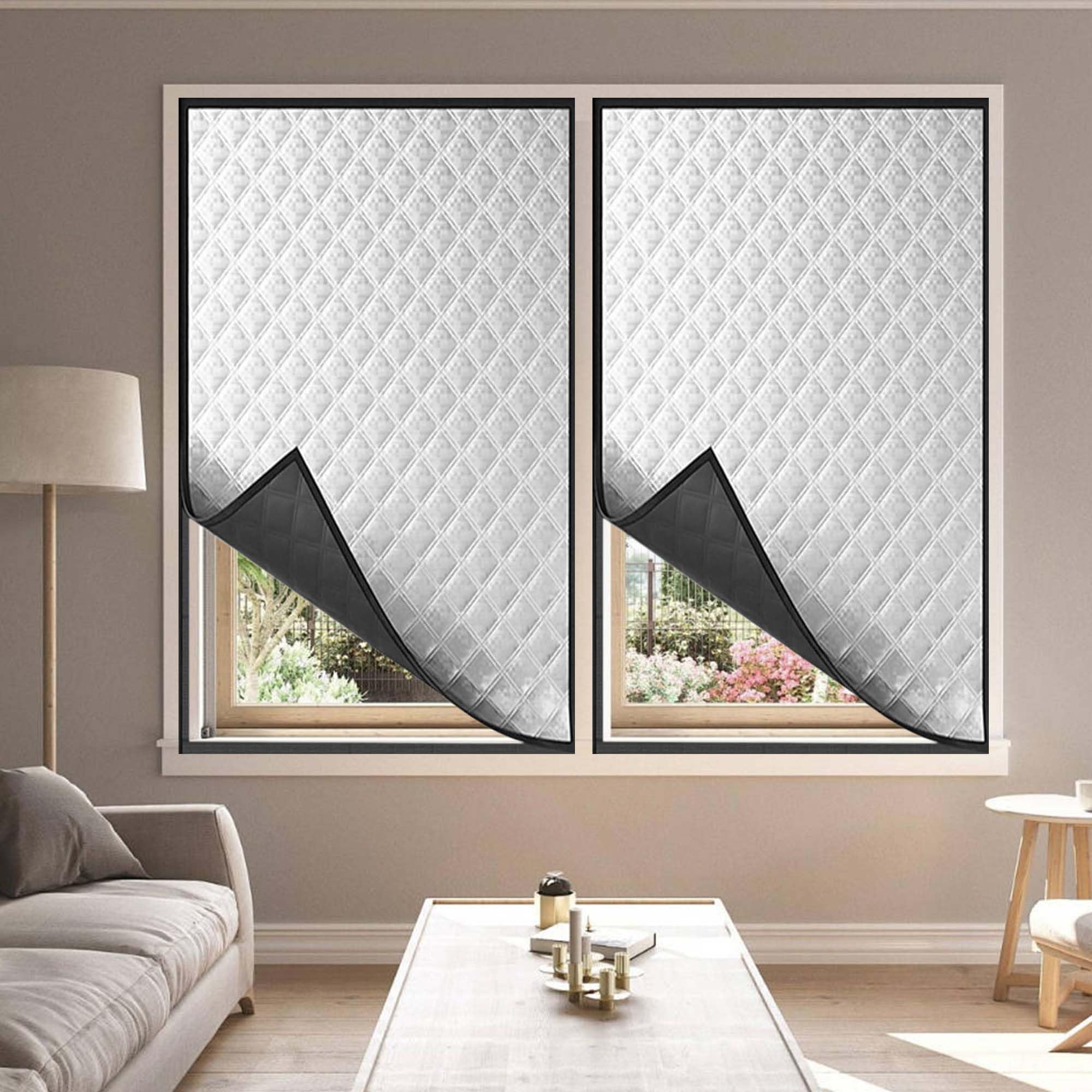Fensterisolierungsset 128 x 440 cm Oxford Gewebe Dick Baumwollfüllung Kälteschutzfolie Fenster Einfache Montage Ohne Bohren für Balkontür Terrassentür, Silber