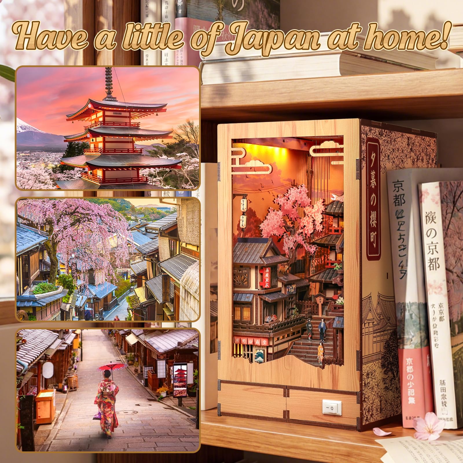 Cutefun Japoński zakątek książki, Japonia, zestaw miniaturowy 3D, drewniane puzzle dla dorosłych, diorama regałowa, rękodzieło, prezent dla kobiet, miłośników puzzli (ścieżka Sakura Path)