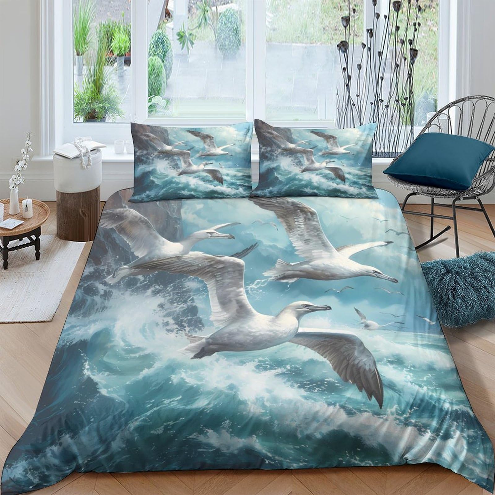 Ctjqhvkz Style-10 3D Printed Ocean Seagull Fitted Sheet Microfiber Soft Blue Waves Mattress Cover For Bedroom Guest Room Decor Single（135X200cm）