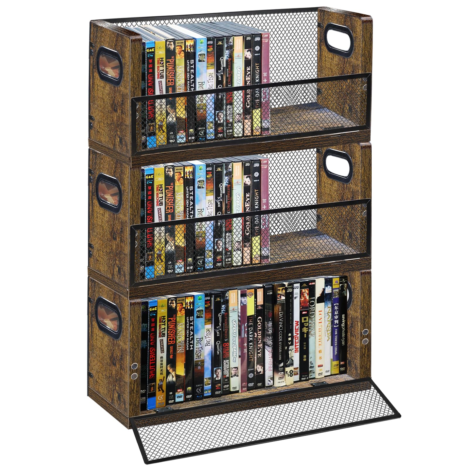 PUTNATRURE DVD CD Storage Rack, 3 Pack Holds 84 DVDs (28 Each), Stackable Wood &amp; Metal DVD Tower with Magnetic Opening Door for Easy Access, Desktop Organizer for Blu ray, Video Game Cases, VHS Tapes