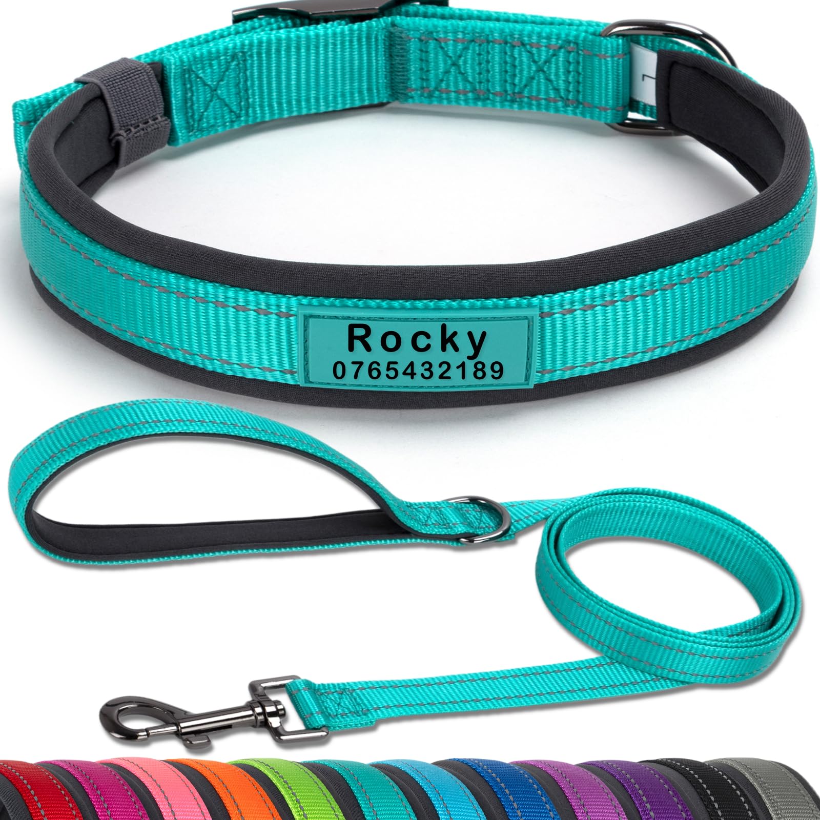 SEOUGEE Personalised Dog Collar and Lead Set | Durable Metal Buckle | Ultra Wide Soft Neoprene Padded | Adjustable Reflective Dog Collar for Medium Large Dogs (L, Dark Green Set 47-57cm)