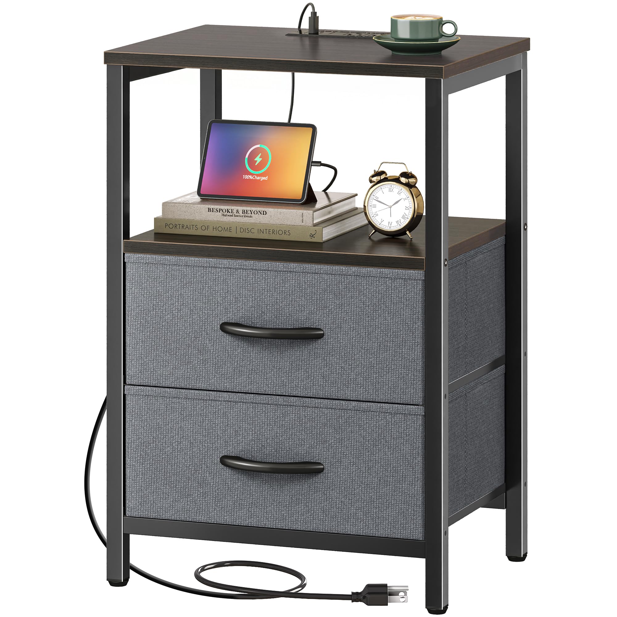 Huuger Nightstand with Charging Station, Fabric Drawers, End Table with Open Shelf, Bedside Table with USB Ports and Outlets, Night Stand for Bedroom, Walnut