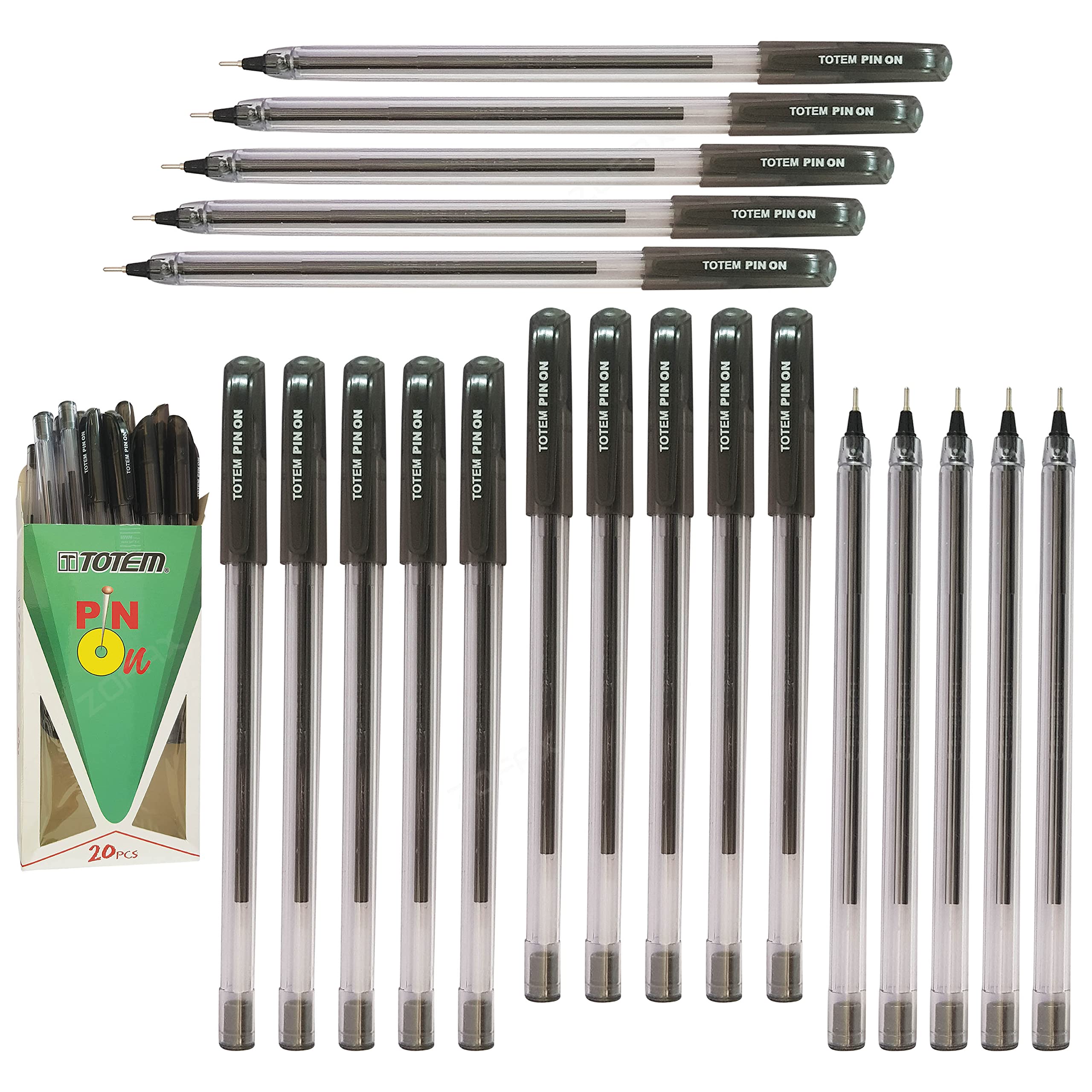 TOTEM 20 x 0.7mm Fine Ball Point Pin On BLACK Ballpoint Pens Biros Soft Ball Pen