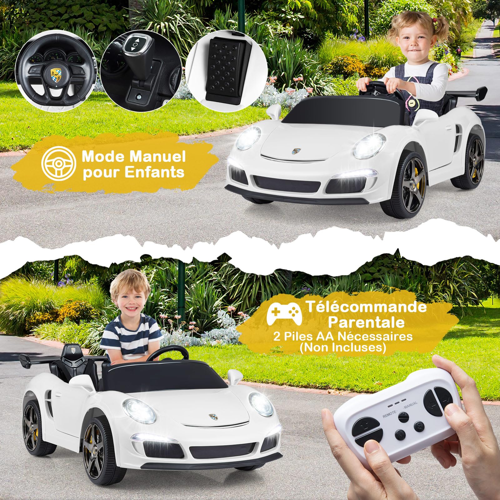 COSTWAY 24V Voiture Électrique Enfant 2 Places avec Télécommande 2,4G, Véhicule Électrique avec Lumières LED & Klaxon & Musique, 3-5 km/h, Charge 59kg pour Garçons Filles de 3-8 Ans (Blanc)