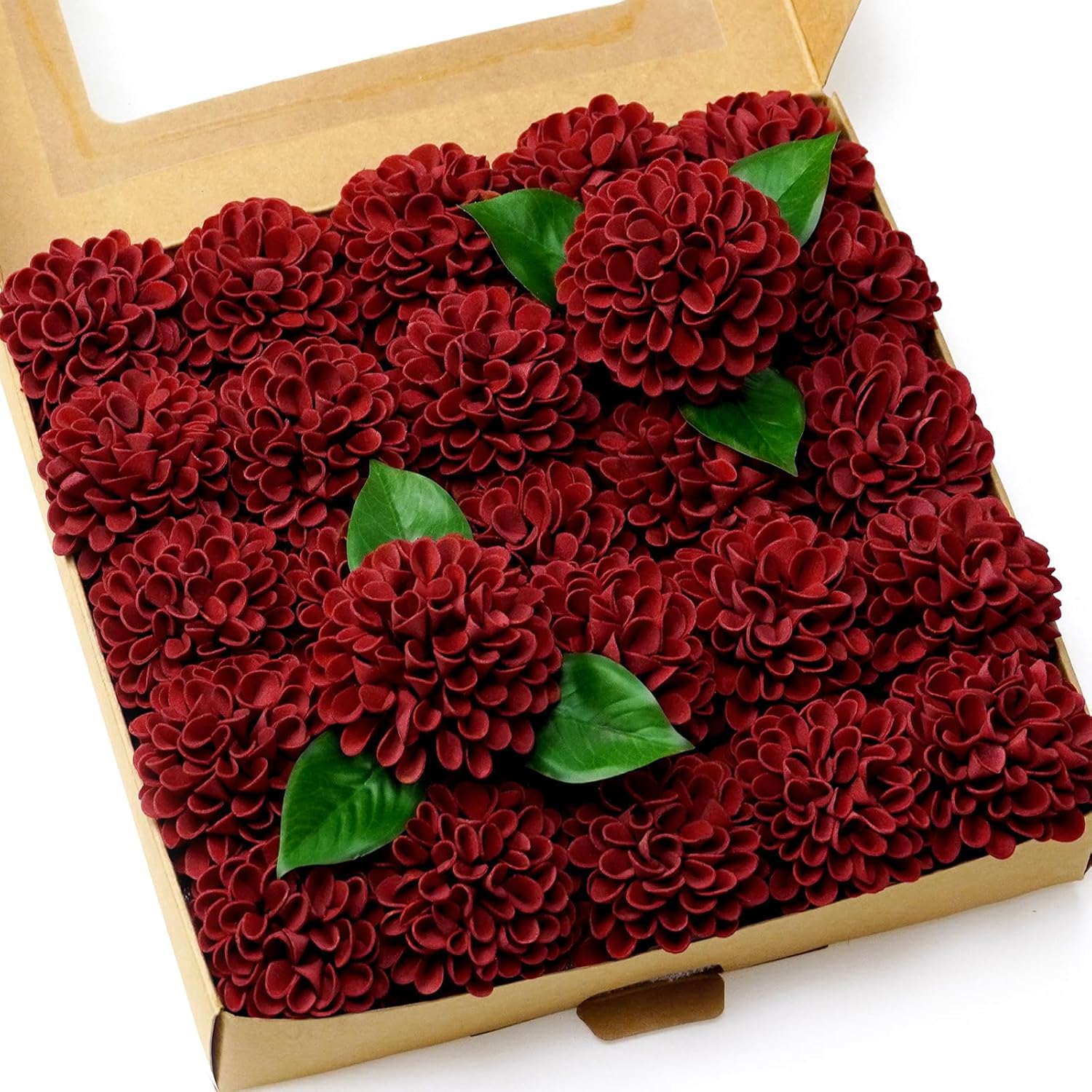 Artificial Wedding Dahlia Flowers 25 pcs Fake Roses w/Stem for DIY Wedding Decor Centerpieces Arrangements Bouquets (Burgundy)