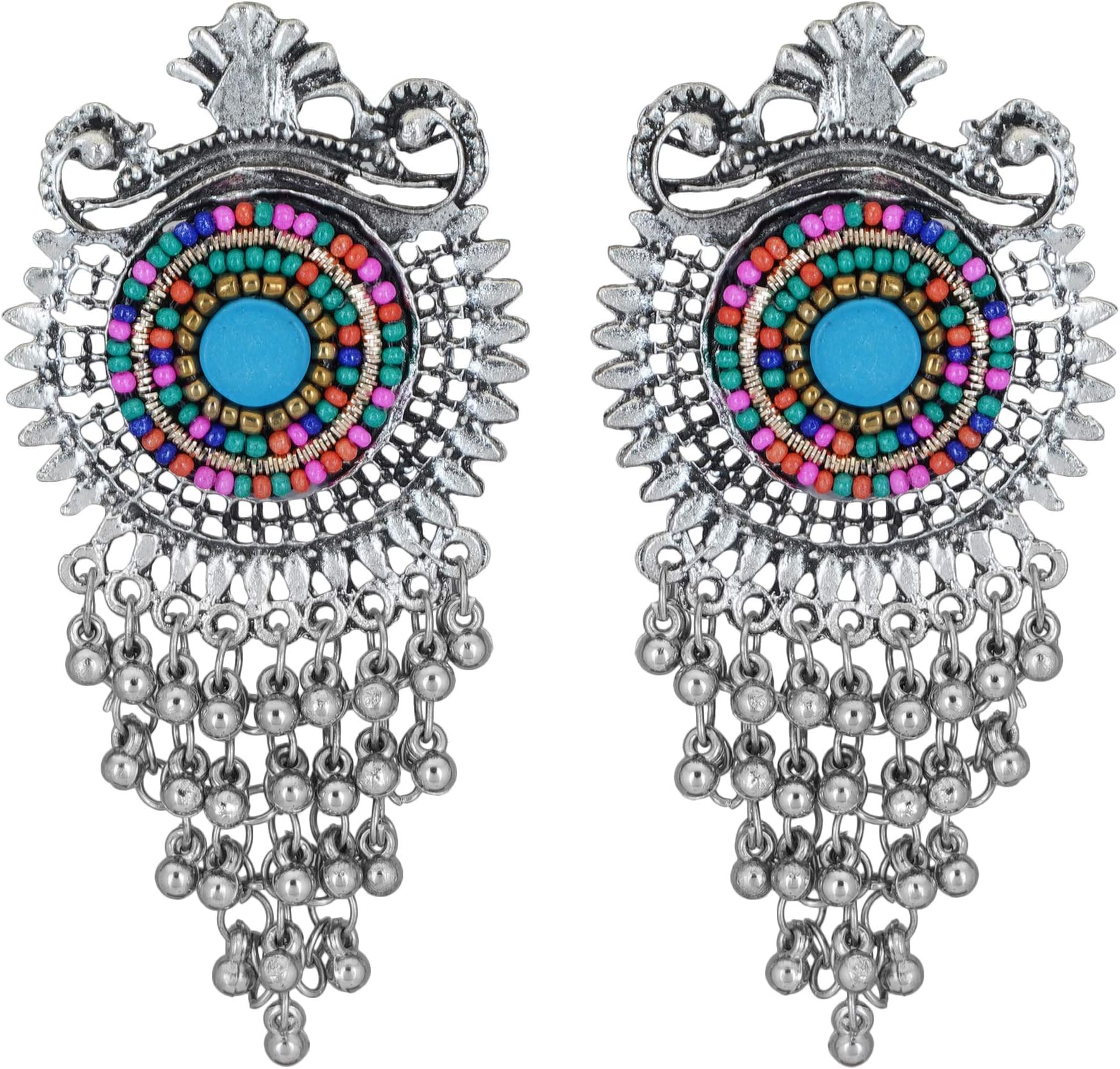 Shreyadzines Designer Traditional Oxidized Silver Afghani Style Dangle Multicolor Ghungroo Earrings for Women and Girls