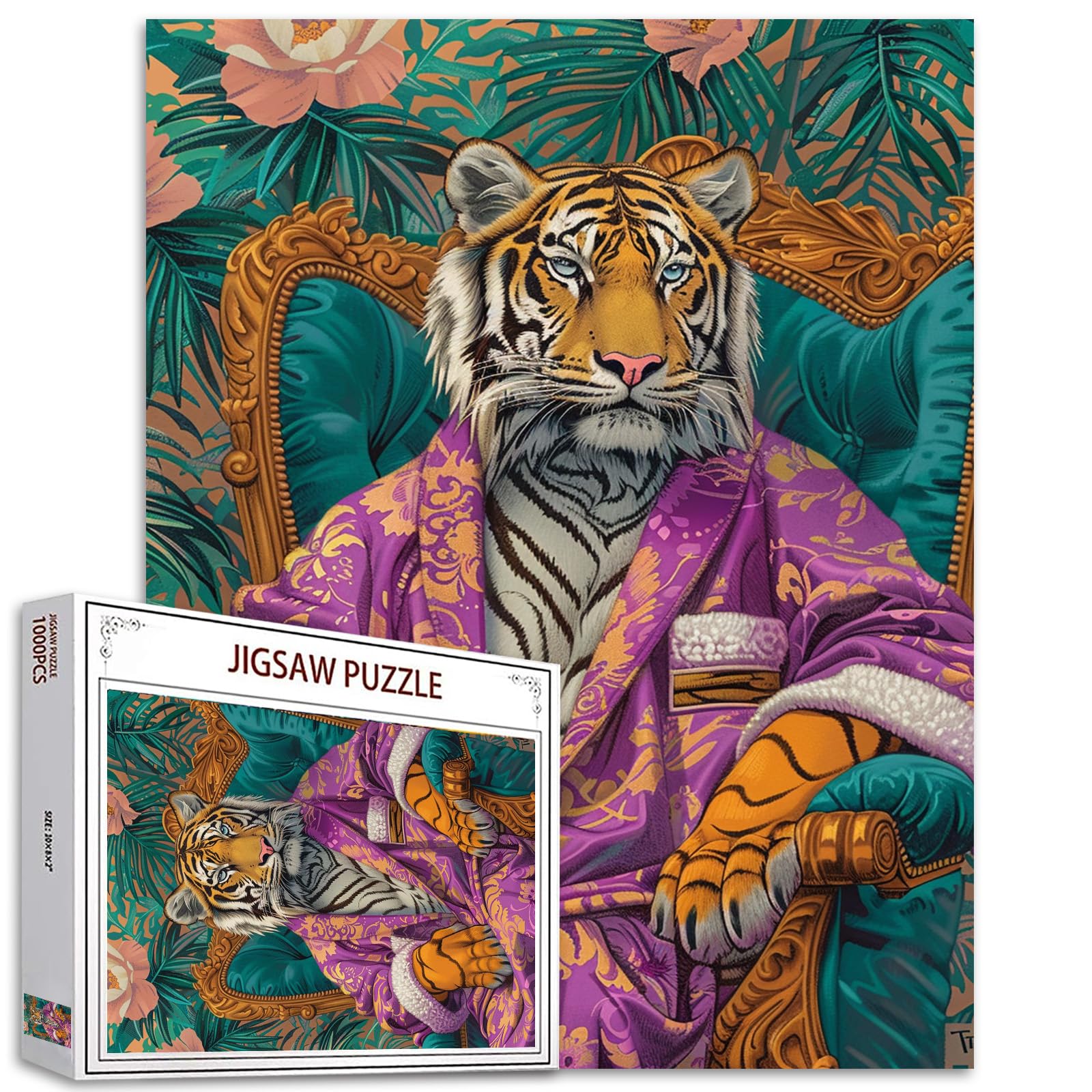 Tiger in Clothes Sitting on Couch Jigsaw Puzzle for Adults 1000 Pieces - Jungle Animal Flower Art Colorful DIY for Home Decor, Family Game Nights Great Gift