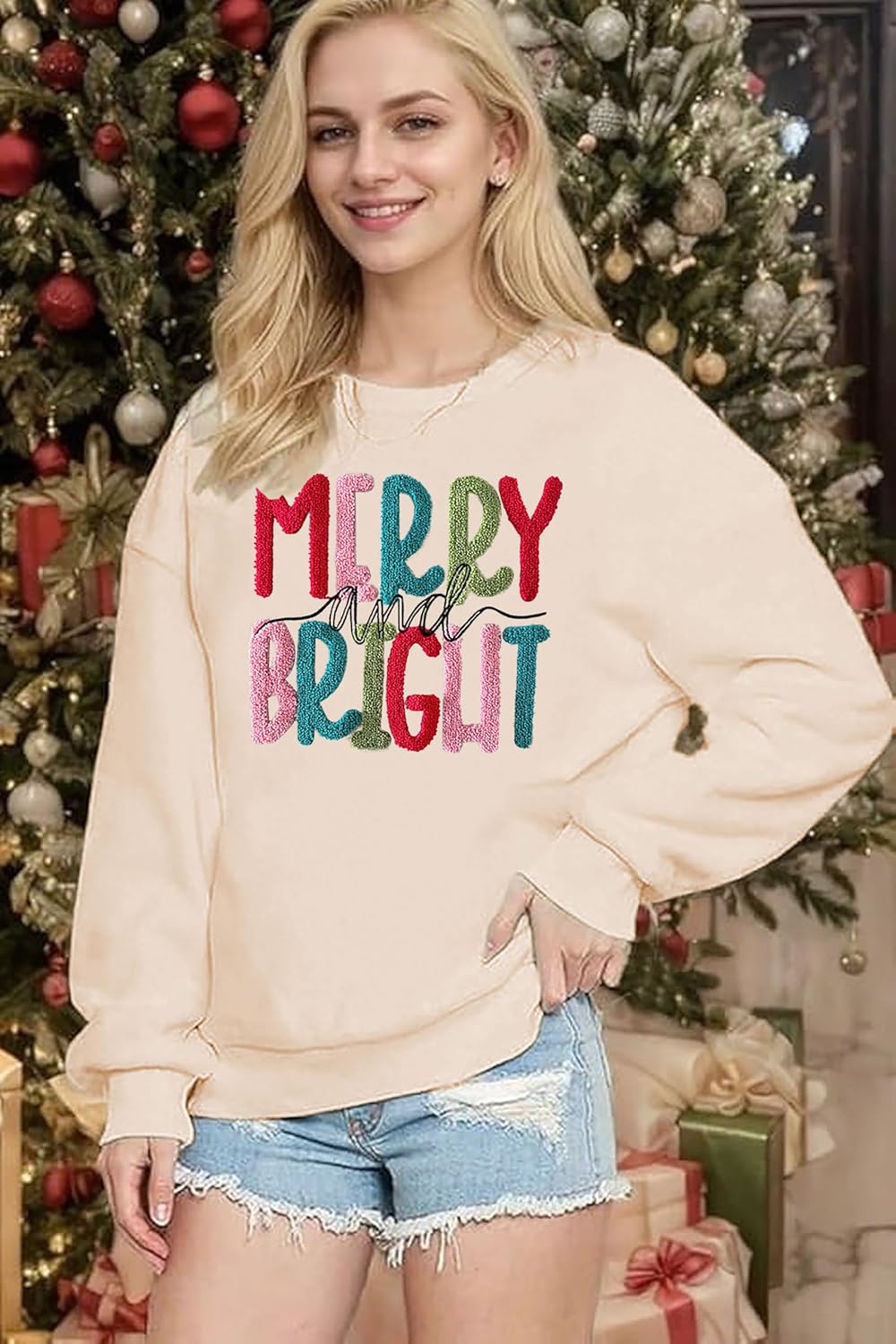 Christmas Sweatshirt Women Merry And Bright Christmas Pullover Shirt Novelty Chenille Patch Xmas Gift Holiday Top - Image 6