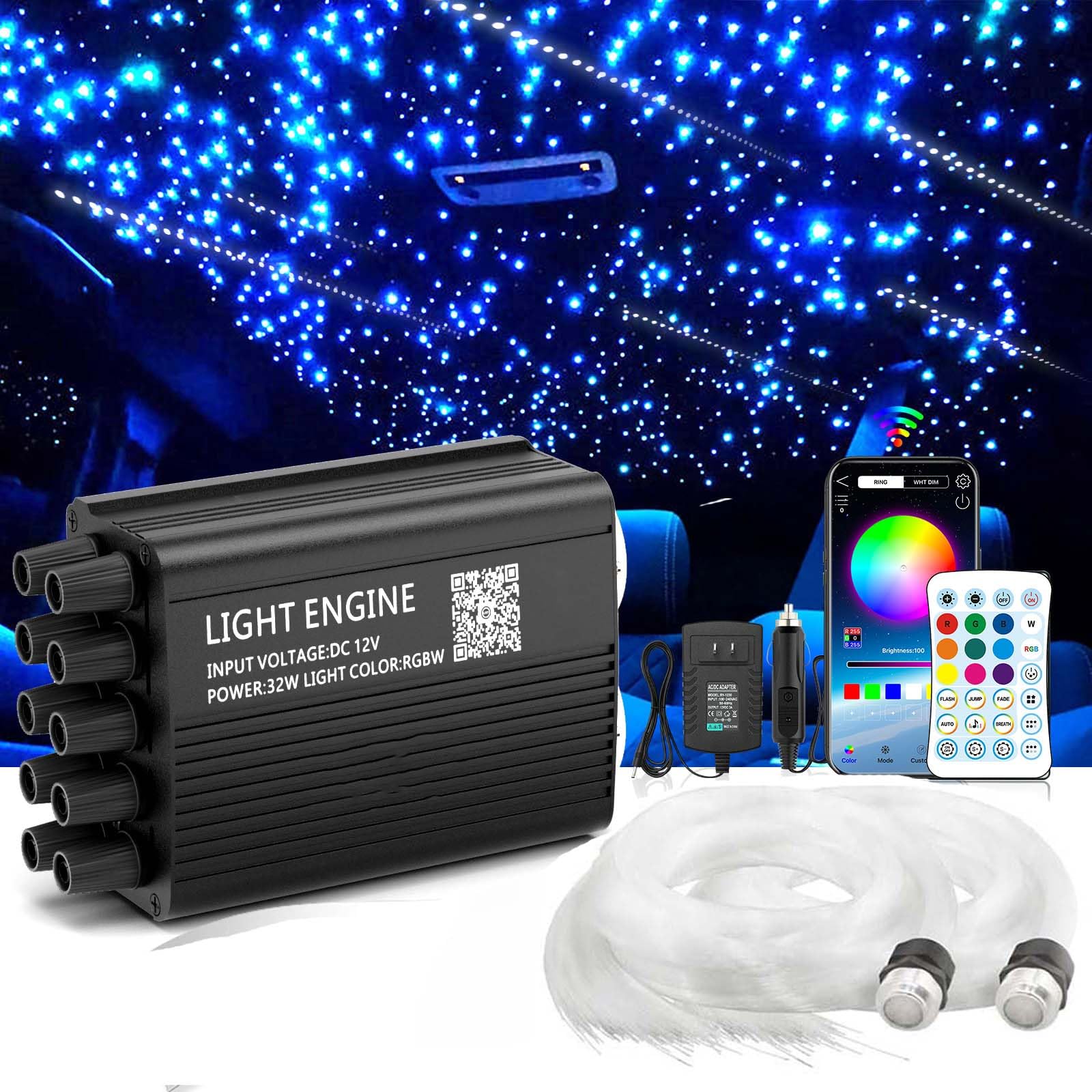 Dual Port 32W Twinkle Meteor 2 in 1 Starlight Headliner Light Kit with 1200pcs 9.8ft Fiber Optical Cable RGBW Light Source Sound Activated APP/Remote Control for Car/Home/Party