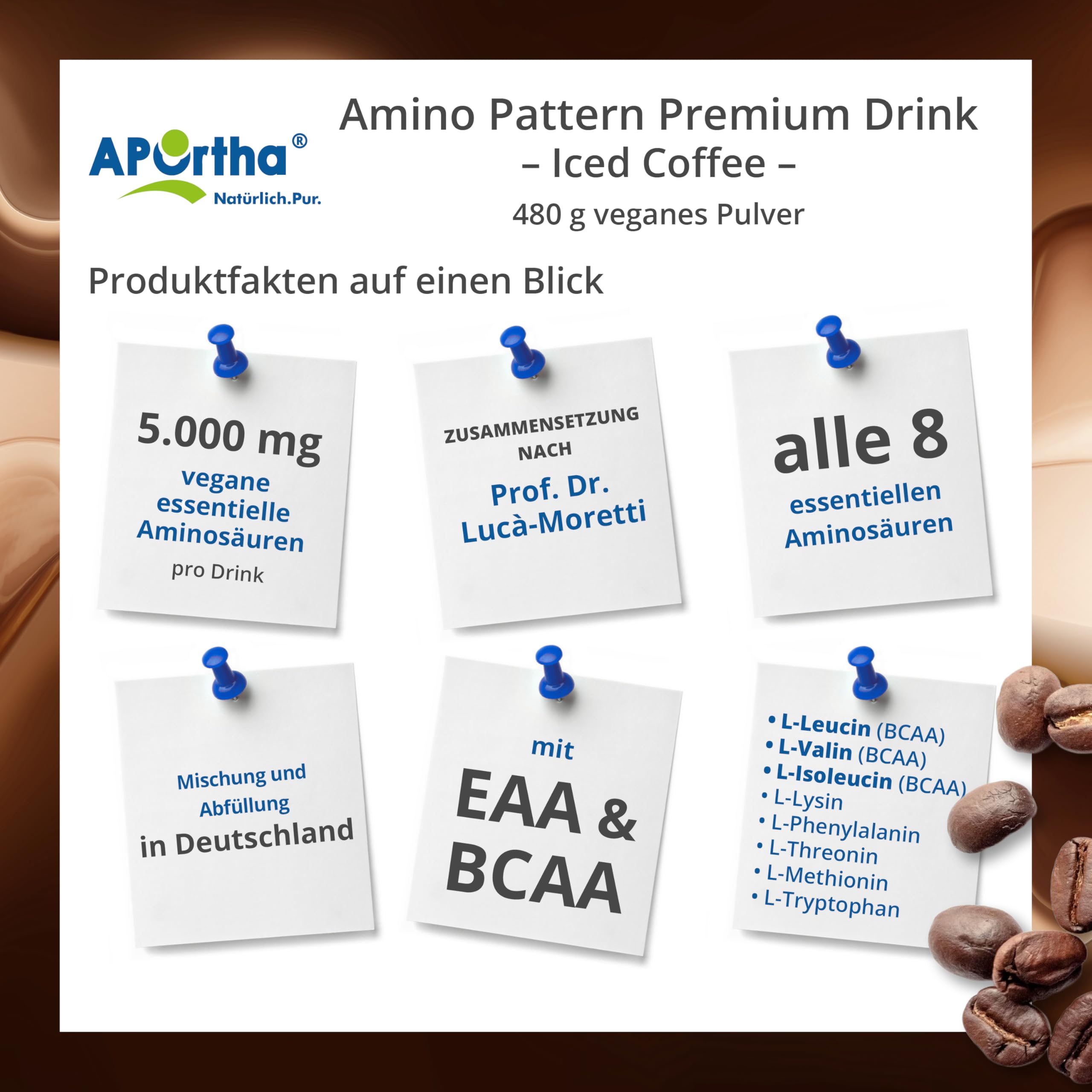 APOrtha® Multi Essential Amino Pattern Premium Drink – 480 g Iced Coffee mit echtem Kaffee, 8 essentielle Aminosäuren nach Prof. Dr. Lucà-Moretti, ausgewogenes Aminosäuren-Profil, EAA Pulver