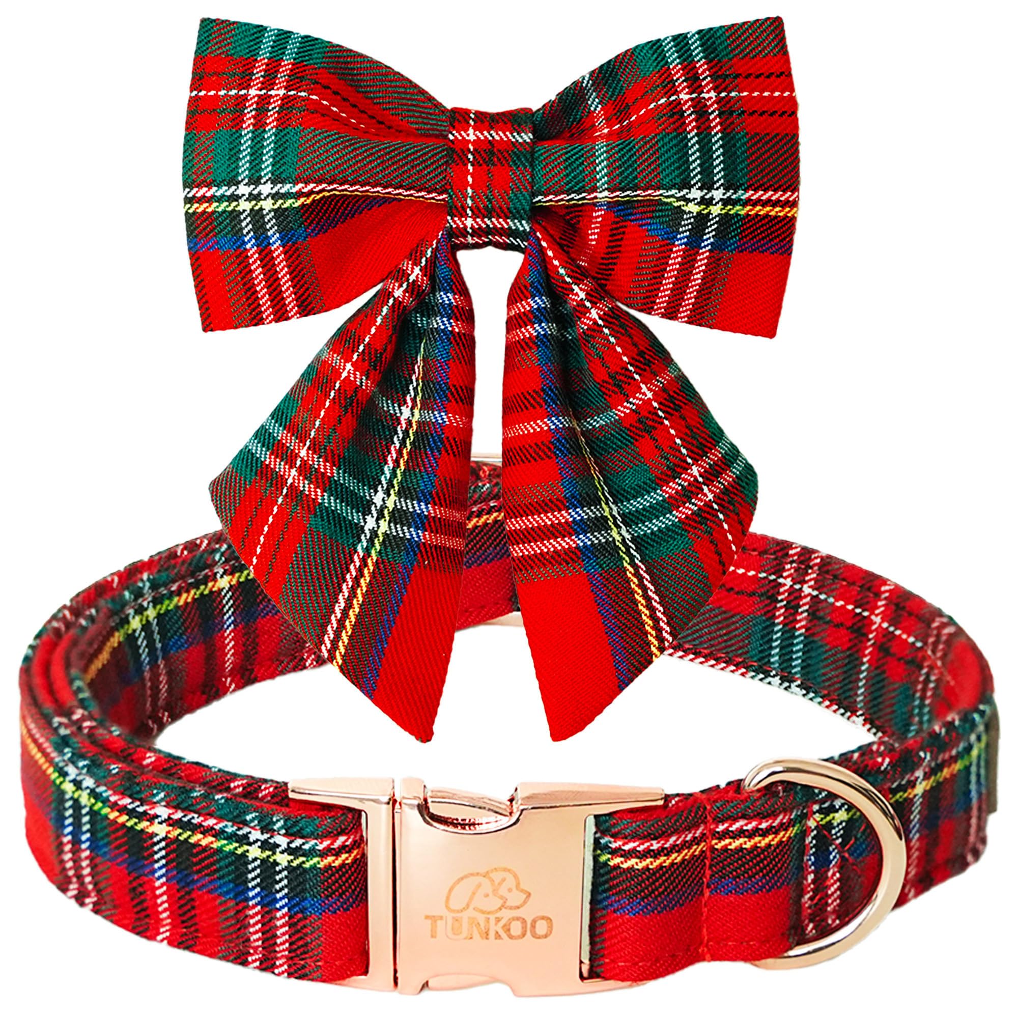 Tunkoo Christmas Dog Collar with Pretty Bow Tie - Red & Green Plaid Pet Collar, Adjustable Available in Small Medium Large, Gift for Girls Boys Dog, L