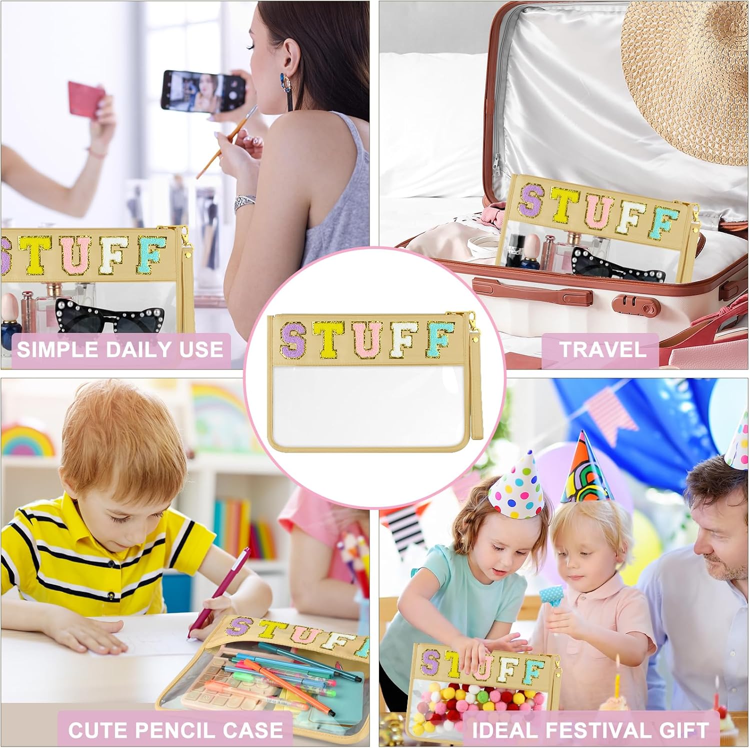 Morcheiong Chenille Letter Bag Cute Cosmetic Bag Clear Zipper Stuff Pouch Portable Multi-purpose PVC and Nylon Makeup Bag with Handle for Travel School Gym Beach（Beige Stuff） image 2