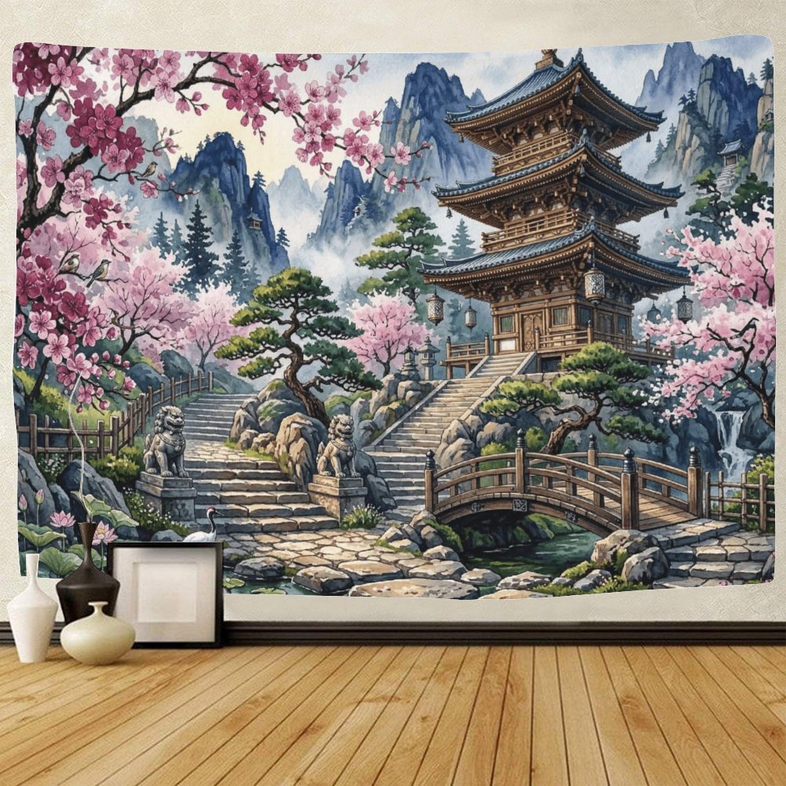 GPMNBCXZK Japanese Pagoda 3D Printed Bedroom Home Cherry Blossom Wall Art Tapestry Decor 70cmx100cm