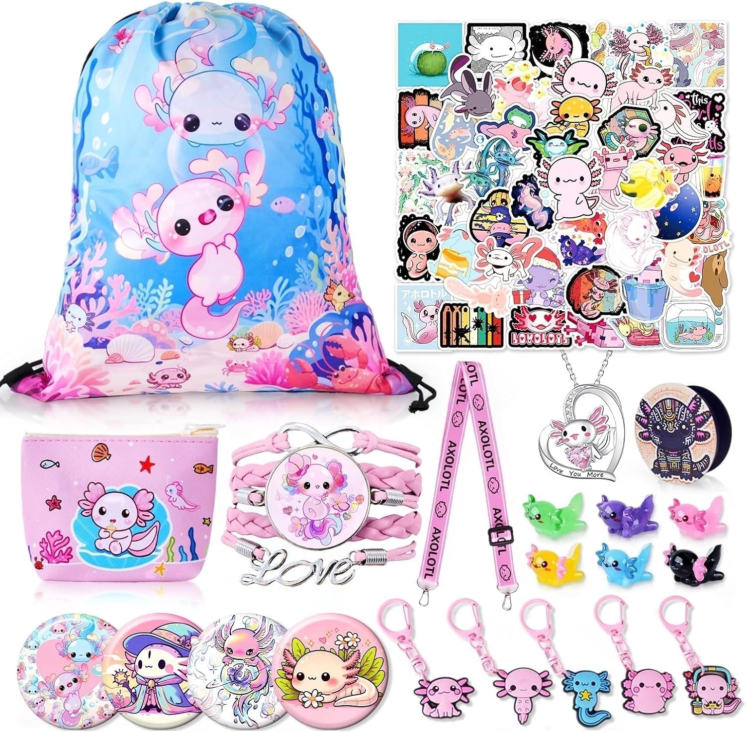 Axolotl Toy Gifts Ajolote Stuff Accessories: Drawstring Bag, Mini Figurines, Necklace, Bracelet, Coin Purse, Button Pin, Phone Holder, Lanyard, Keychain, Stickers for Axolotls Birthday Decorations