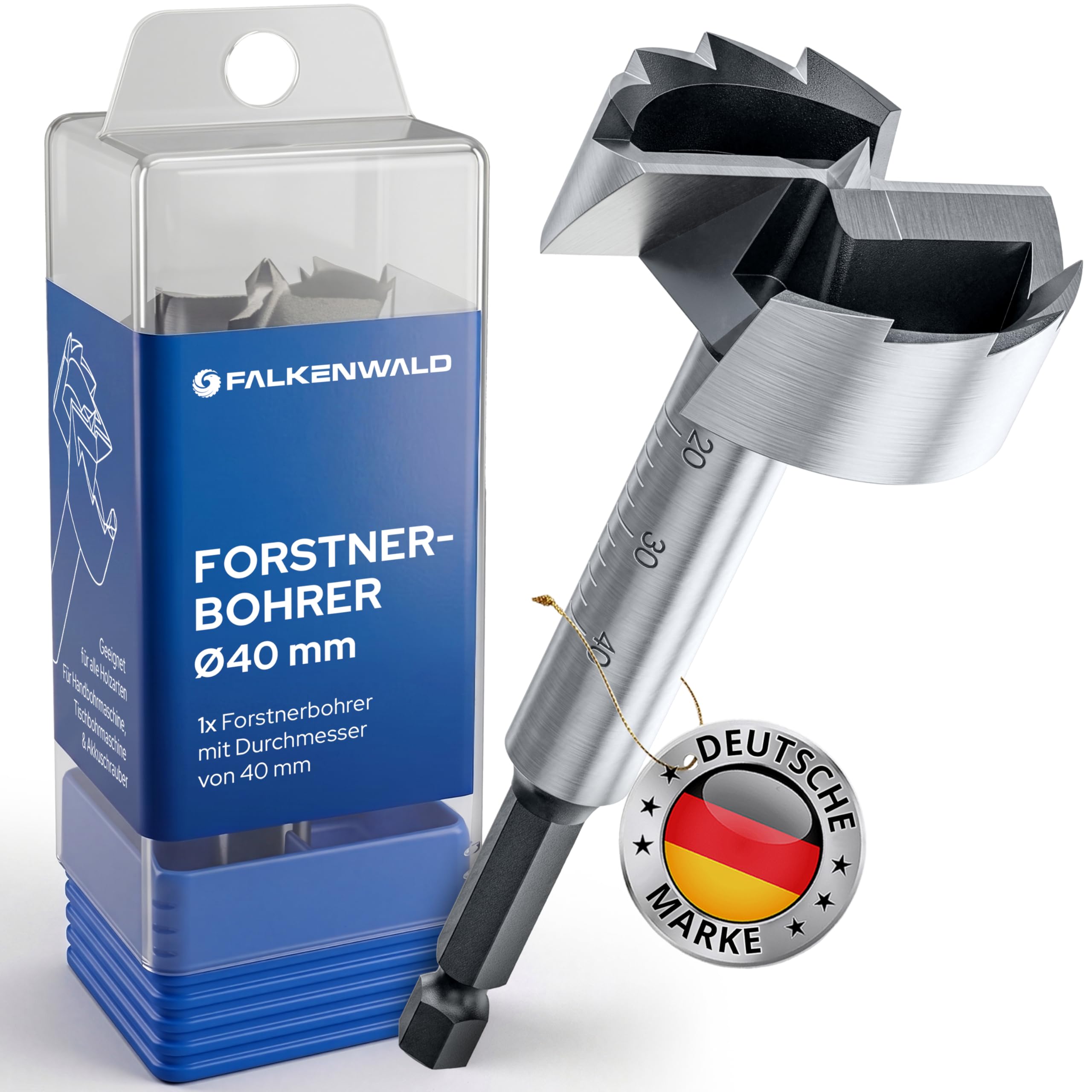 FALKENWALD Forstnerbohrer 40mm - Holzbohrer Topfbohrer Hart- & Weichholz | 40mm Forstnerbohrer für Holz - Astlochbohrer & Topfbohrer, nachschärfbar, für Multiplex, OSB & Leimholz