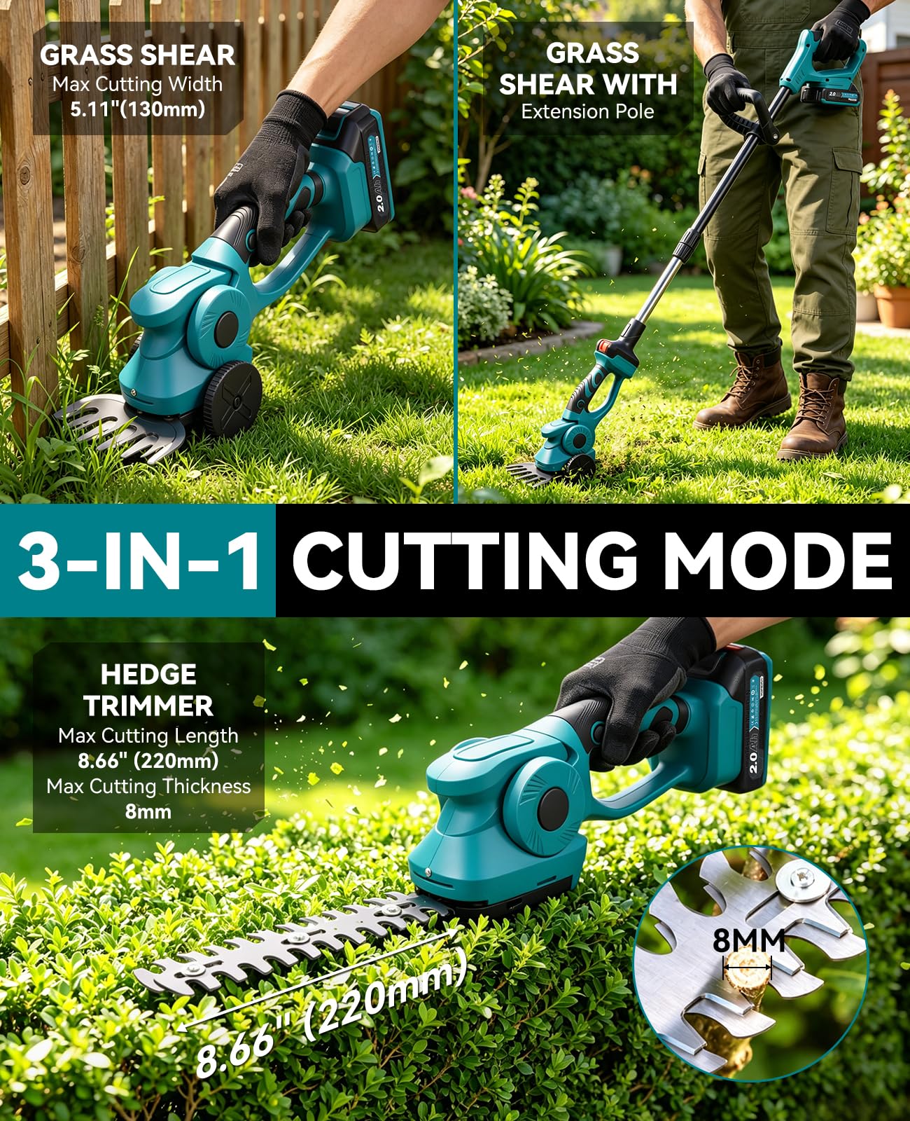 Yofidra Cortasetos de Batería con Mango Telescópico, 100 cm, Tijeras 3 en 1 con Ruedas, Cortasetos Eléctrico Inalámbrico con Batería, Ancho de Corte 133 mm, Longitud de Corte 220 mm