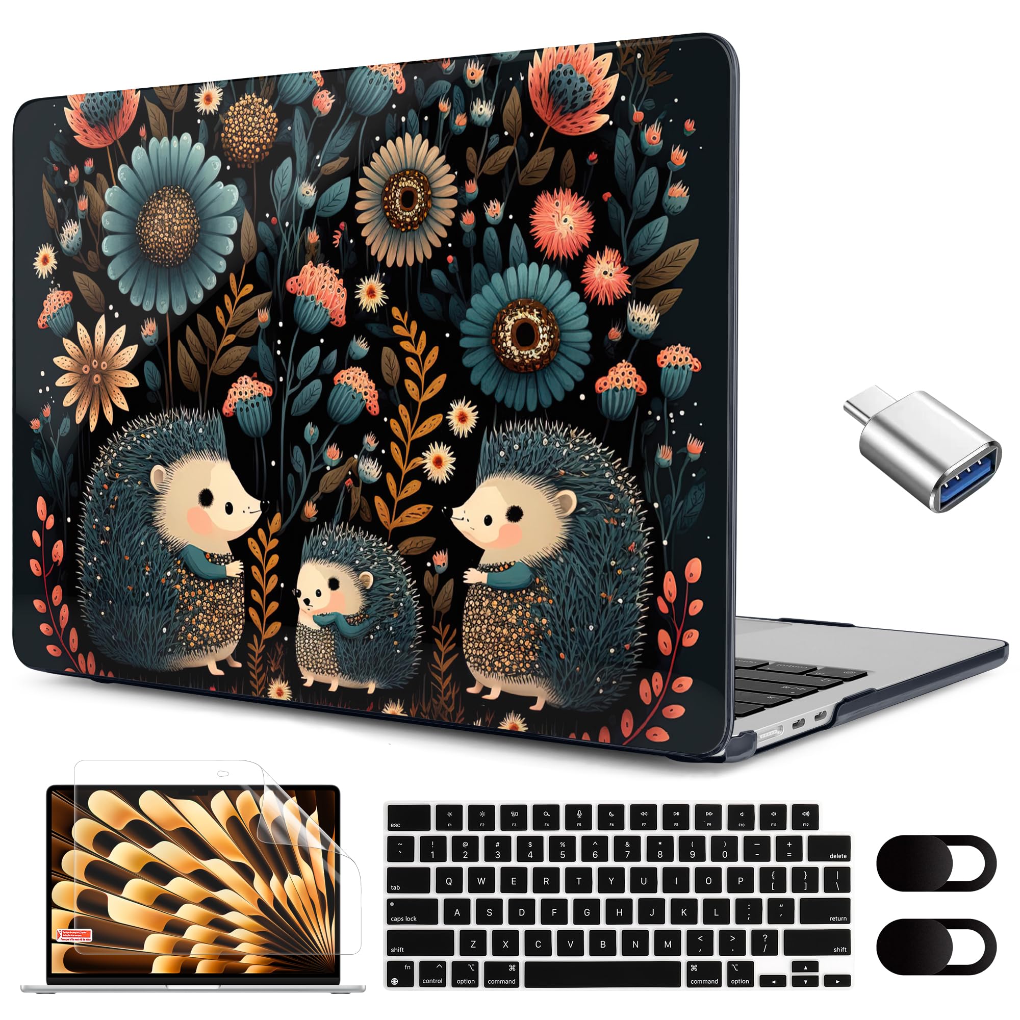 MEEgoodo for M4/M3/M2 MacBook Air 15.3 inch Case 2025 2024 2023, Case Fit Model (A3241/A3114/A2941) for MacBook Air 15 inch, Laptop Hard Shell with Keyboard Cover, Adorable Hedgehogs
