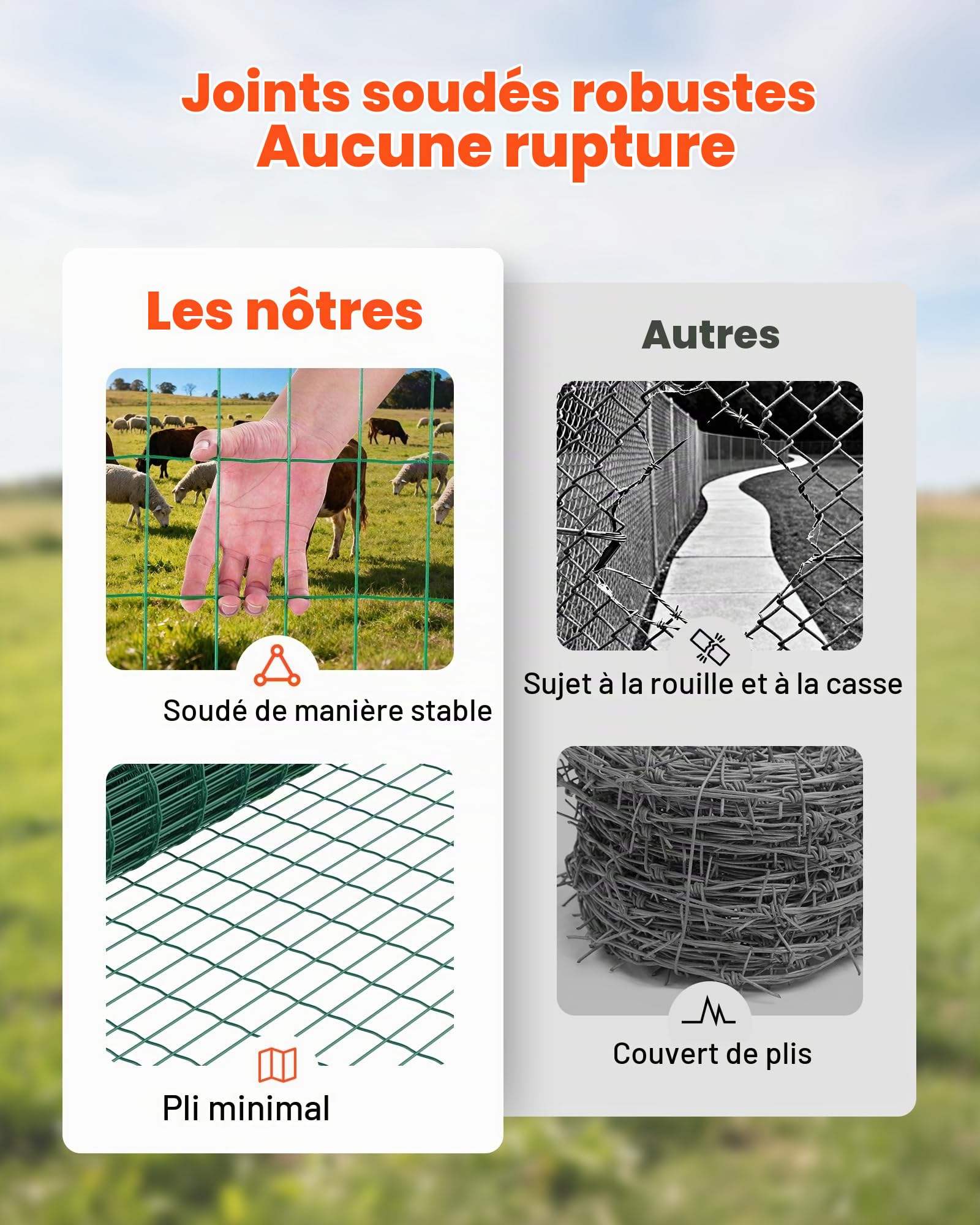 VEVOR Grillage Métallique Vert Maille 5 x 10 cm Rouleau Grillage Clôture à Mouton Soudé 1,2 x 25 m Fil en Fer Galvanisé Revêtement Vinyle PVC Diamètre Fil 2,1 mm pour Jardin Enclos Cage Animaux Ranchs
