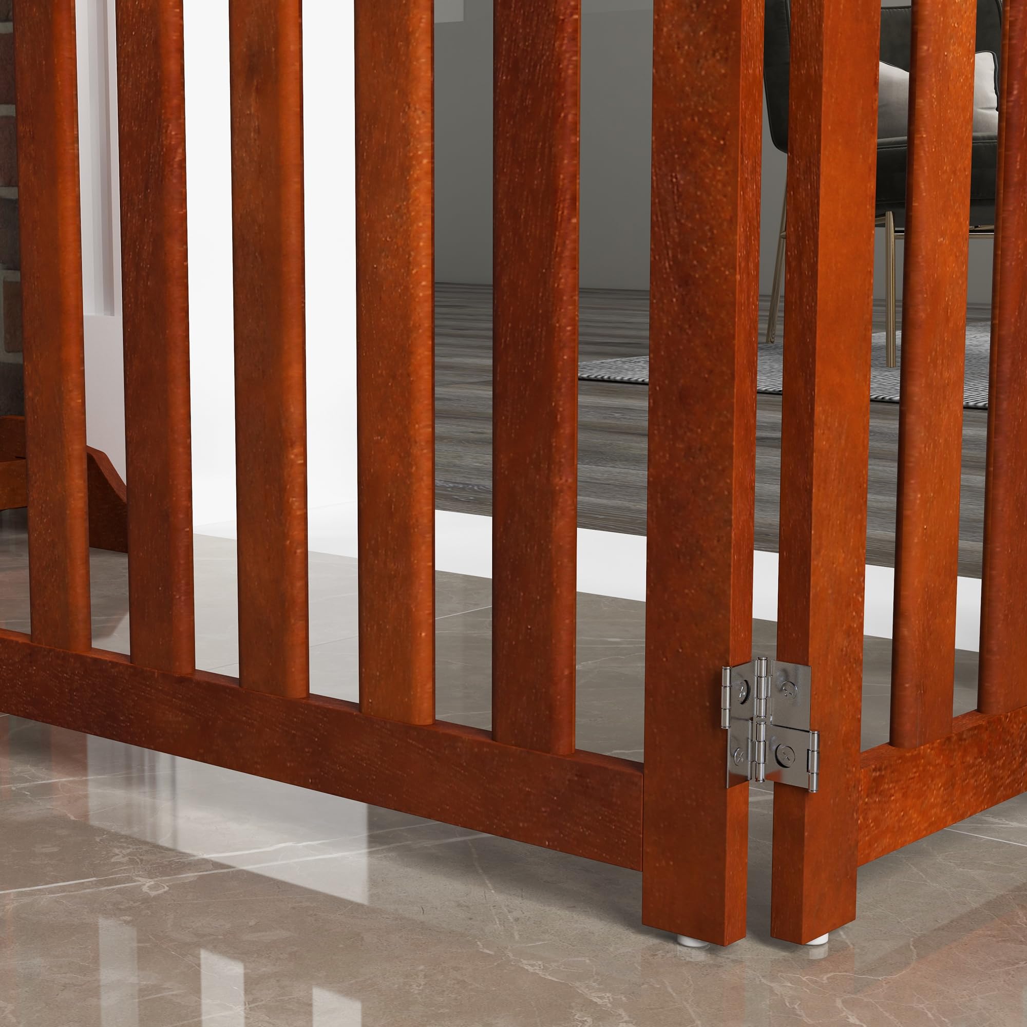PawHut Recinto per cani in legno bifacciale pieghevole e autoportante, recinto per cani da interno a 4 pannelli con porta, con piedini di sostegno, per animali domestici, 205 x 60 cm, marrone