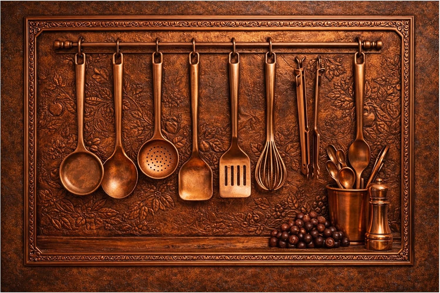 Tempered Glass Backsplash, Rustic Copper Kitchen Tools Glass Kitchen Backsplash, Vintage Utensils Decorative Wall Panel, Heat Resistant Stove Splashback, Custom Glass Panel for Kitchen