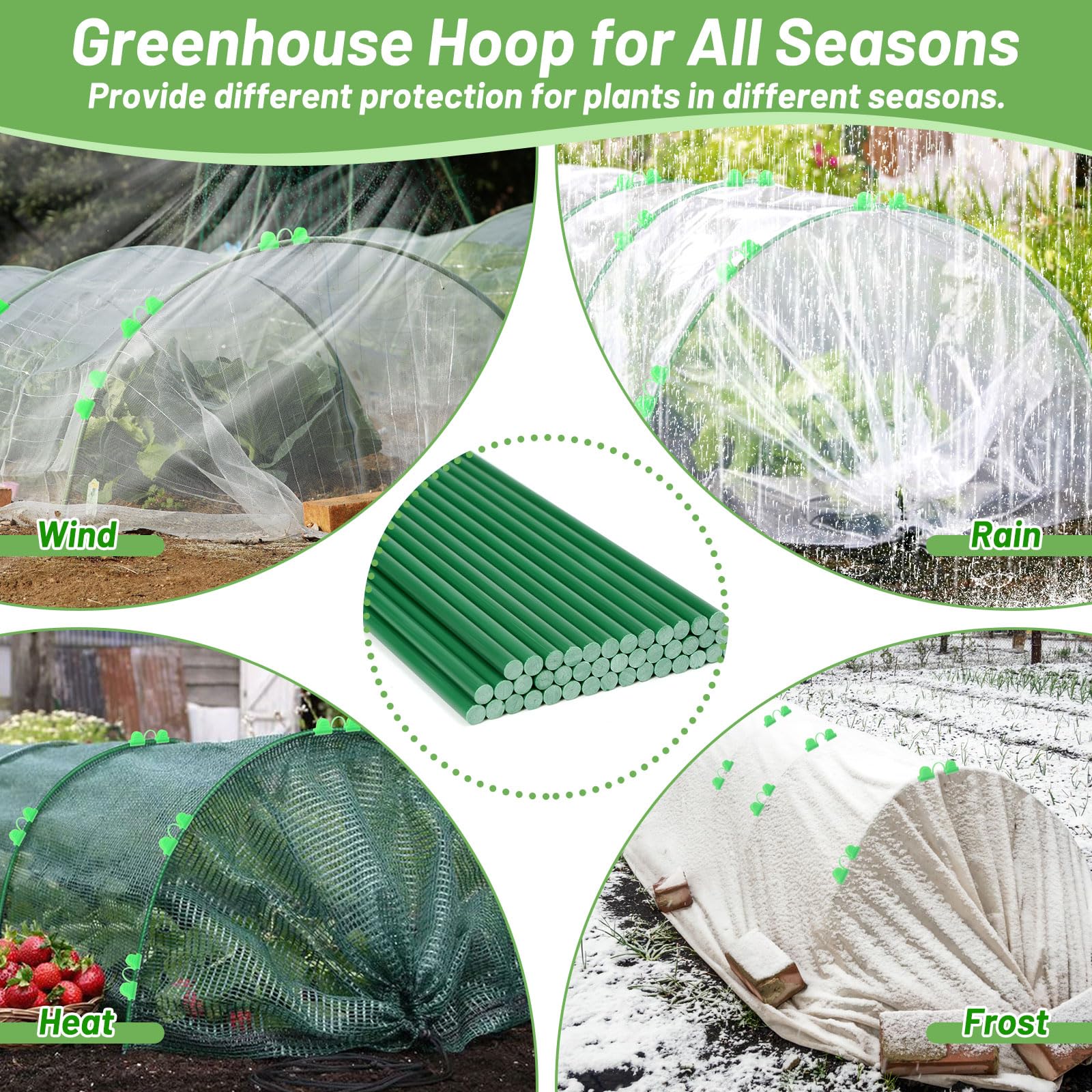 Lot de 70 cerceaux de jardin pour parterres surélevés, tunnels de jardin, tunnels de culture, tunnel de culture, cadre de jardin en fibre de verre antirouille pour filet, couverture en tissu, support