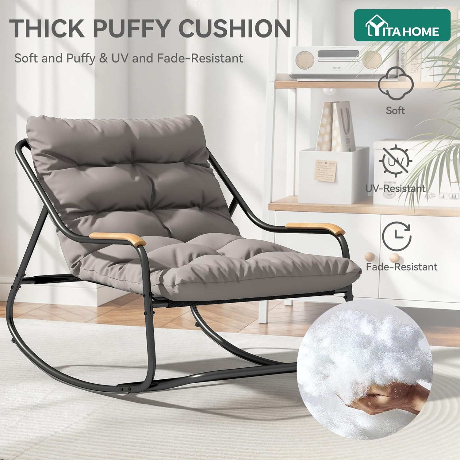 YITAHOME Patio Oversized Rocking Chair, Versatile Indoor/Outdoor Textilene Lounge with Soft Thick Cushion, Teak Armrests and Footrest, Ideal for Living Room, Porch, or Backyard