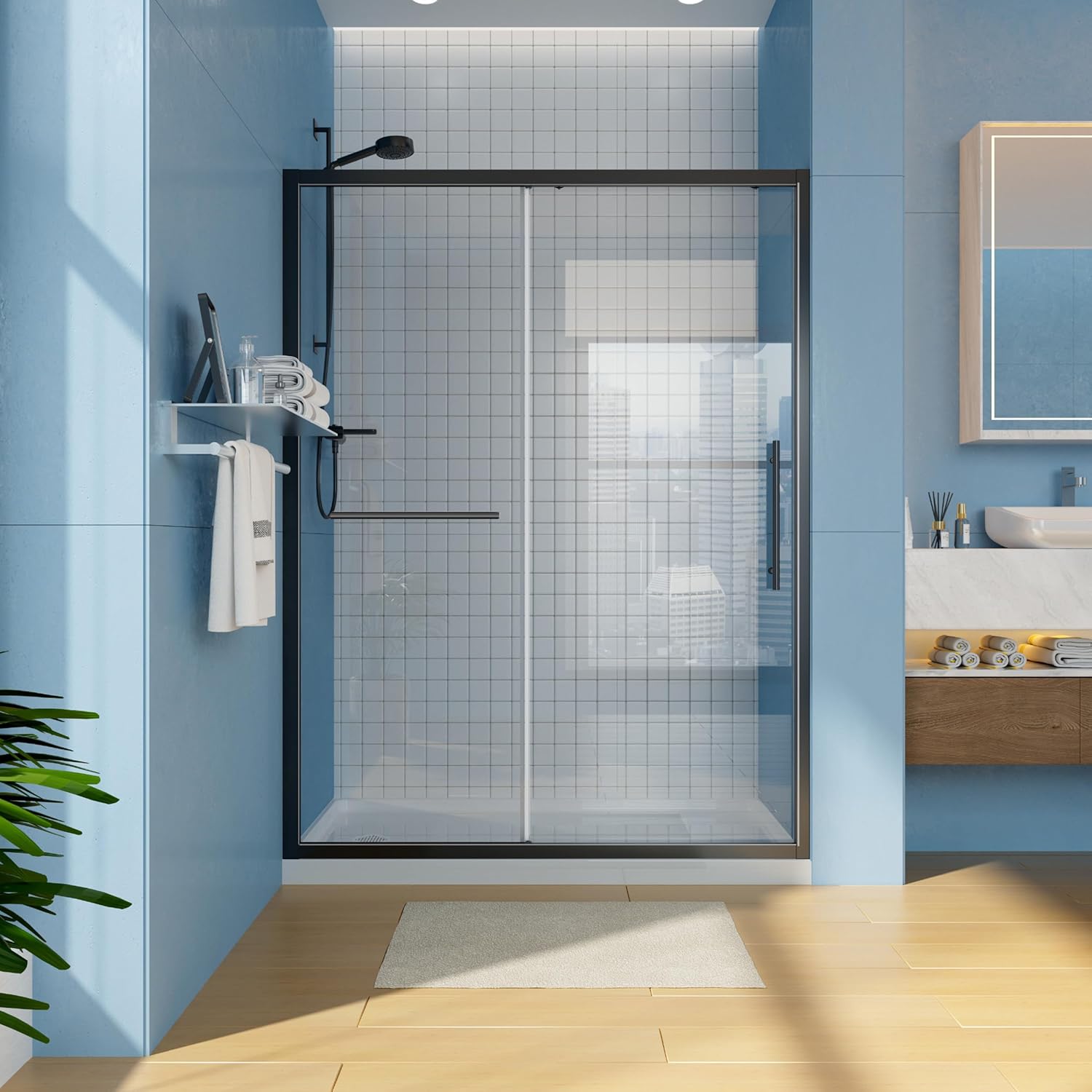 59.6-60 in. W Adjustable x 72 in. H Shower Door. 1/4" (6mm) GlassShield Coating Technology Tempered Glass. Matte Black Anodized Framed Shower Door. Alcove Installation