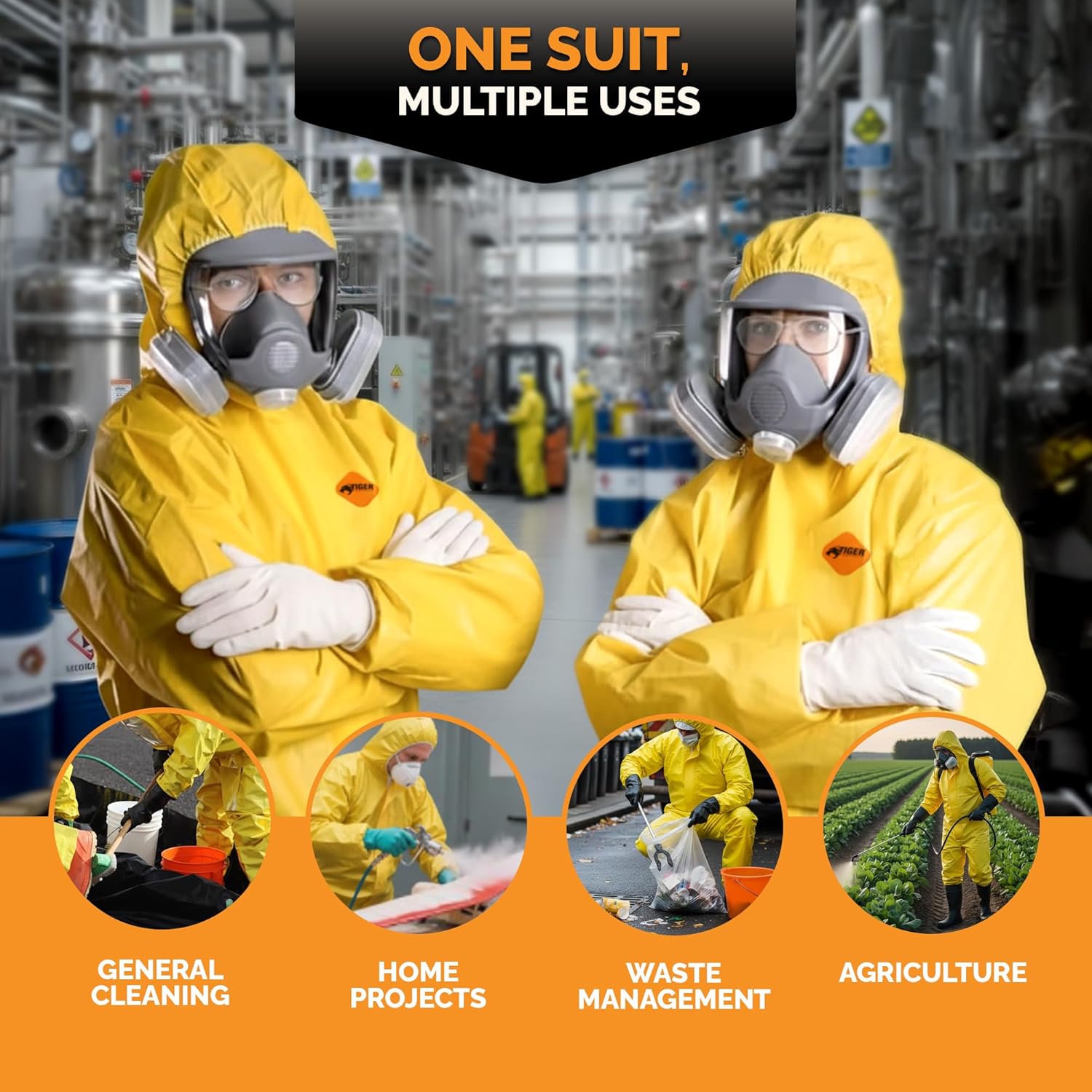 Tiger Tough Yellow Hazmat Suit Disposable - Chemical Protective Coveralls with Hood, PPE Paint Suit, Cleaning Jumpsuit