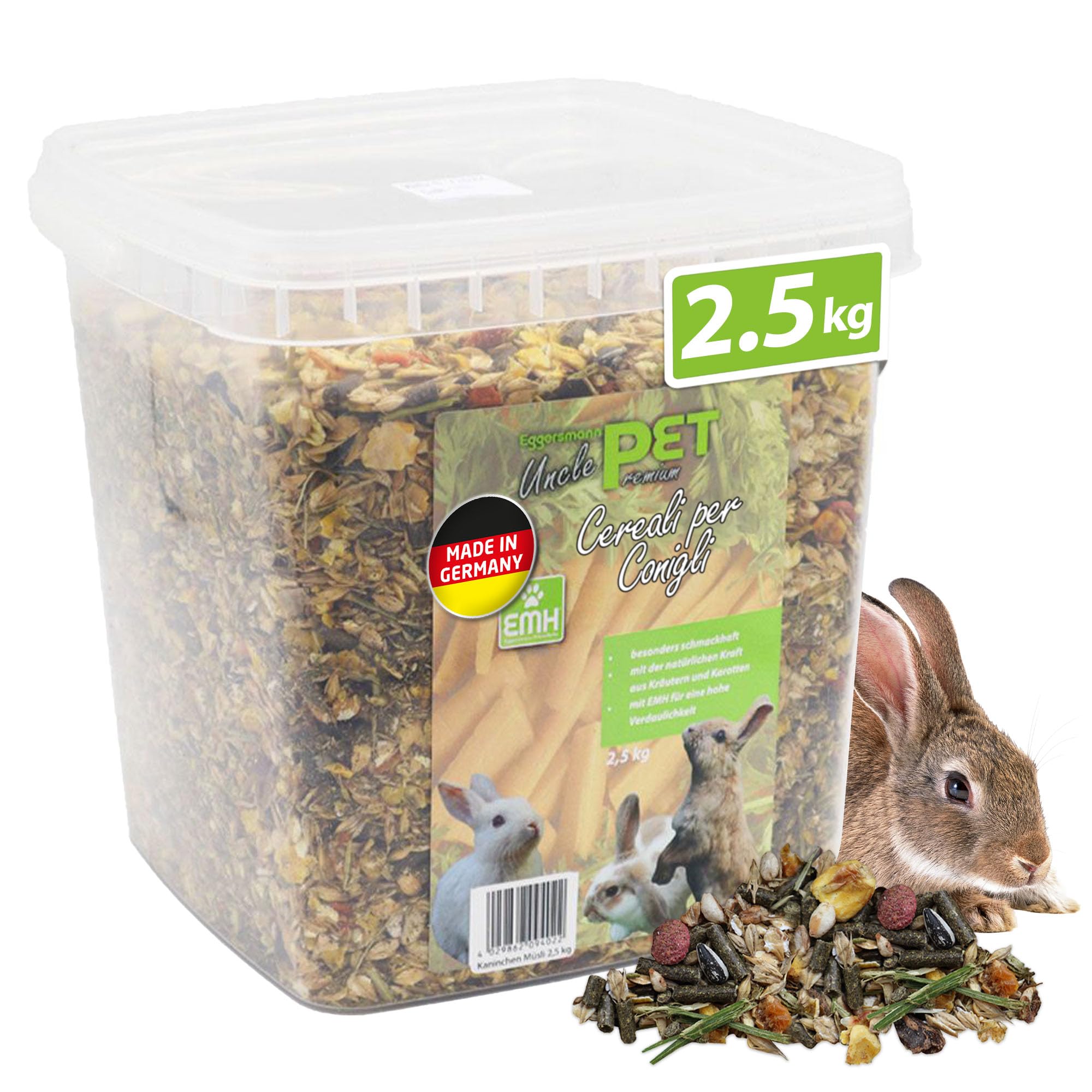 Eggersmann Uncle Pet - Muesli Premium per Conigli Con Erbe e Carote - Cibo 2,5 kg in Secchio - Accessori per Conigli