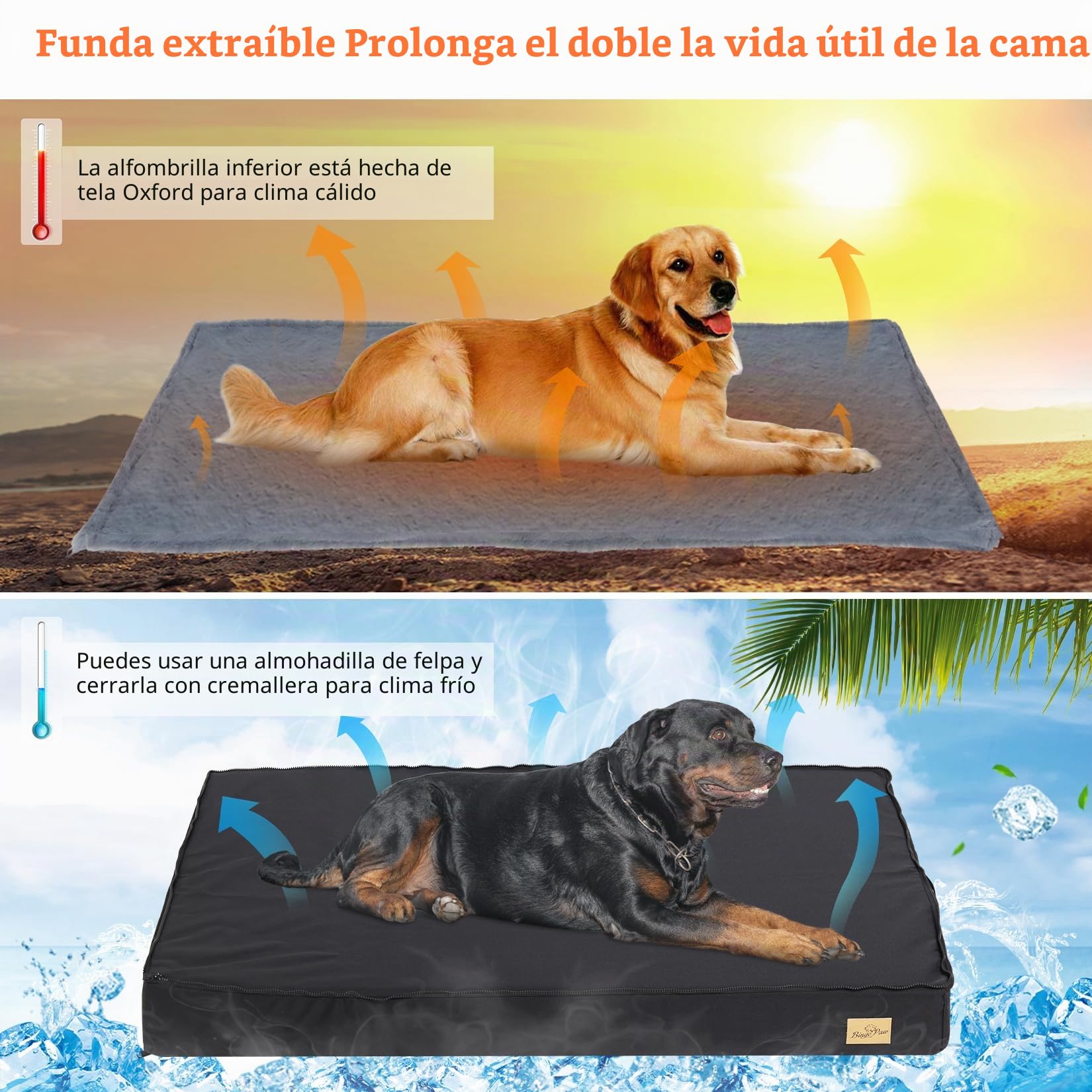 BingoPaw Cama Perro Grande XXL: Colchoneta Colchon Perro Ortopedico 120x75x10 cm Impermeable con Funda Desenfundable y Lavable con Top de Manta de Felpa Desmontable con Cierre para Invierno Verano