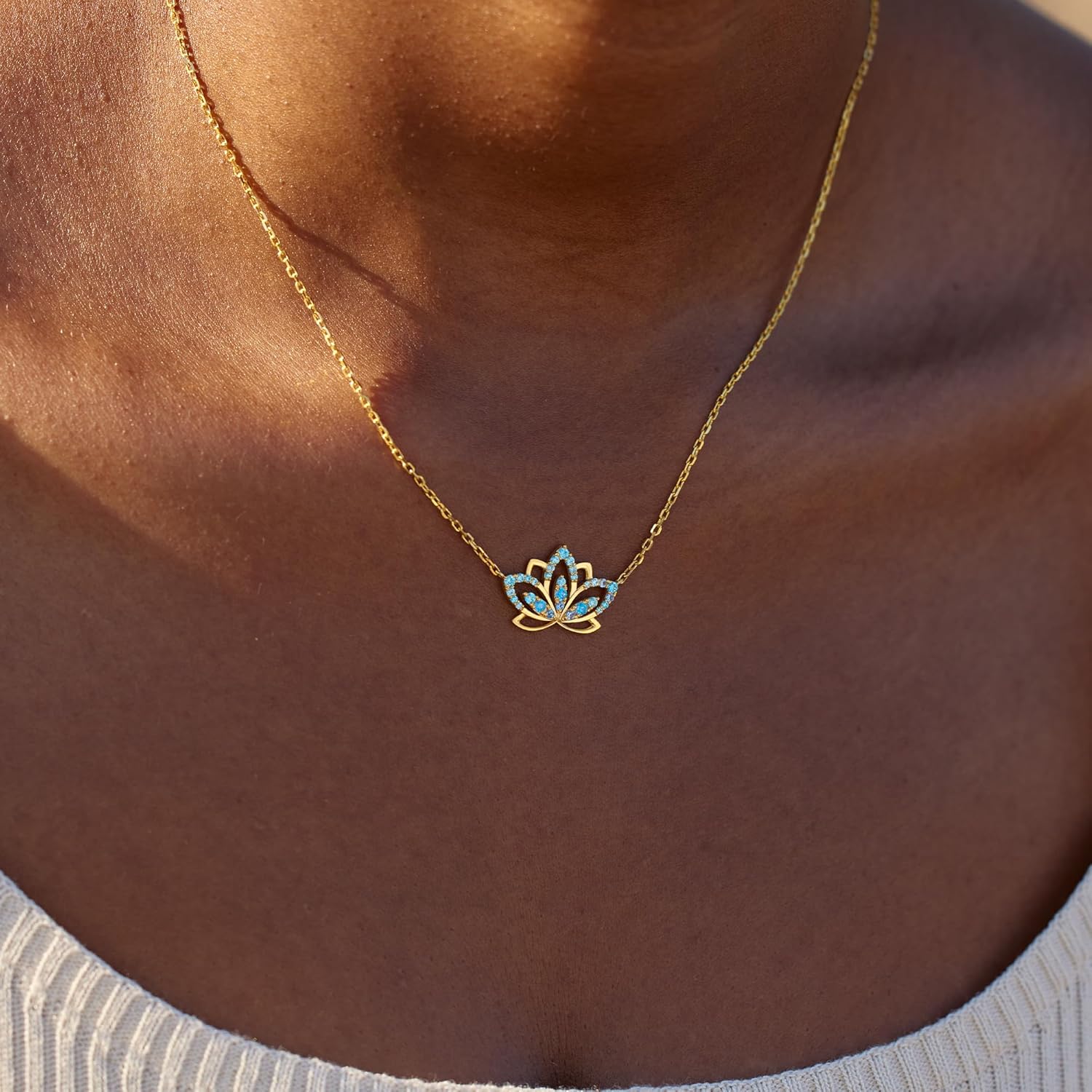 STORYJEWELLERY 18K Gold Plated Necklace for Women, Lotus Flower Pendant Necklace, Blue Charm Necklace for Women, Dainty Gold Plated Necklaces Non Tarnish, Gifts for Birthday Graduation Retirement - Image 4