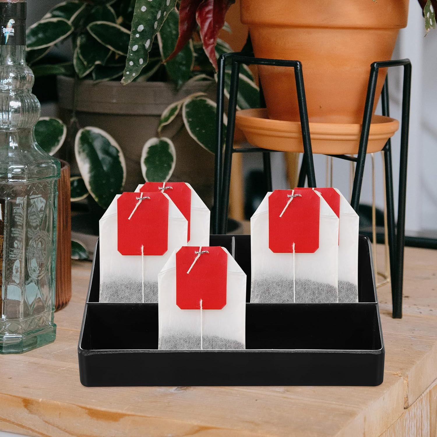 Tea Bag Storage Organizer with 3 Compartments, Black Imitation Porcelain