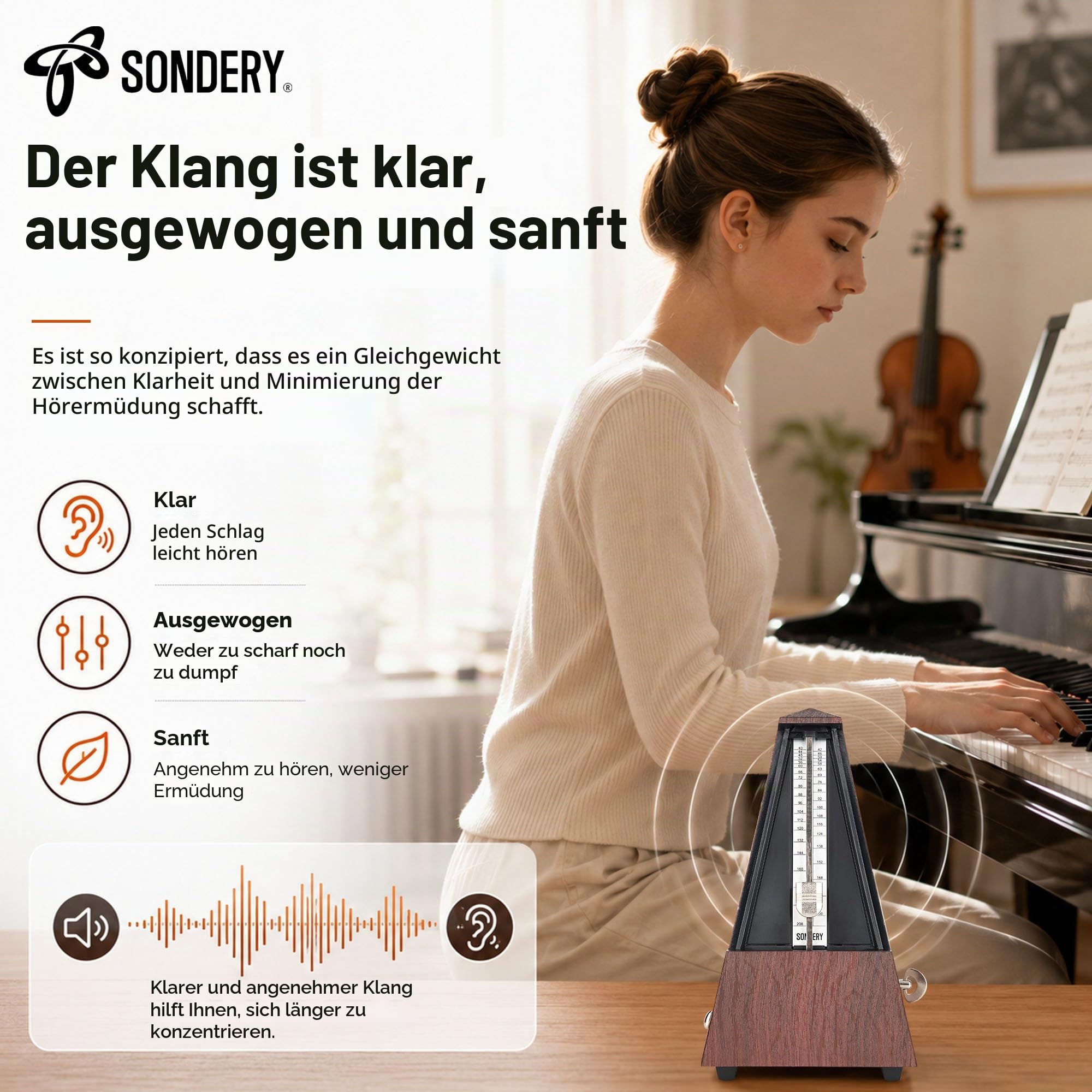 Sondery Klassisches mechanisches Metronom mit Glocke für Klavier, Gitarre, Trommel, Violine, Saxophon, alle Instrumente, Tempo Bereich 40–208 bpm, Beats 02346, schwarzes ABS-Gehäuse mit Holzmaserung