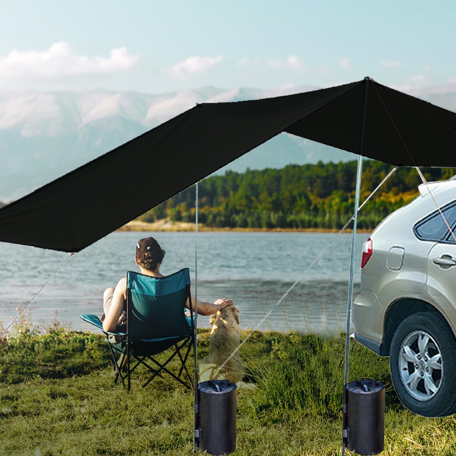 Auvent latéral de voiture - Tente de camping - Tente de toit avec protection UV - Avec 2 sacs d'eau portables - Étanche - 440 x 200 cm - Noir
