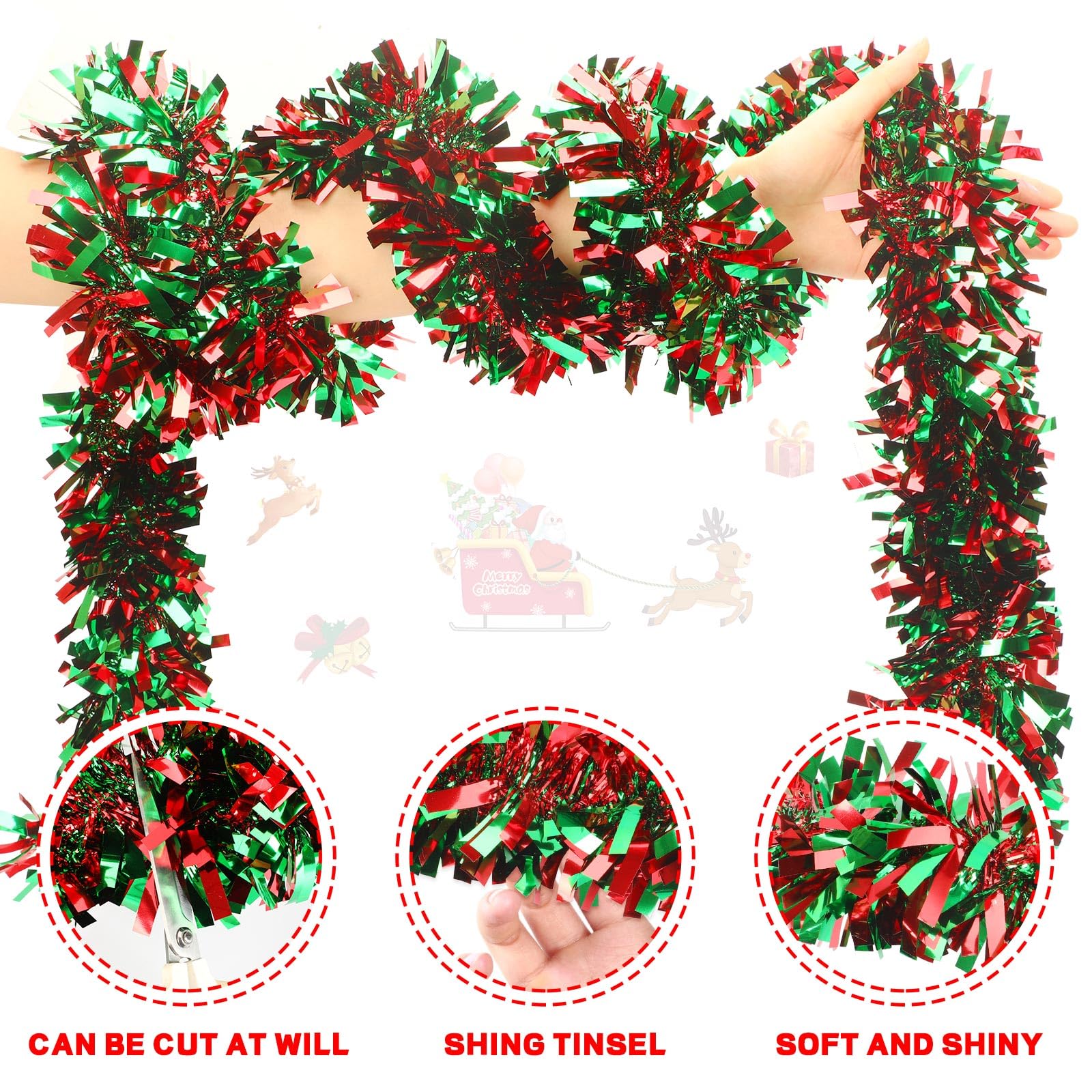 MARFOREVER 3 Pcs Christmas Tinsel Garland Tree Decoration Red Green Metallic Tinsel Twist Garland Hanging Supplies for Christmas Holidays New Year Party Indoor Outdoor Home Wall Decor 19.7 Feet - Image 3