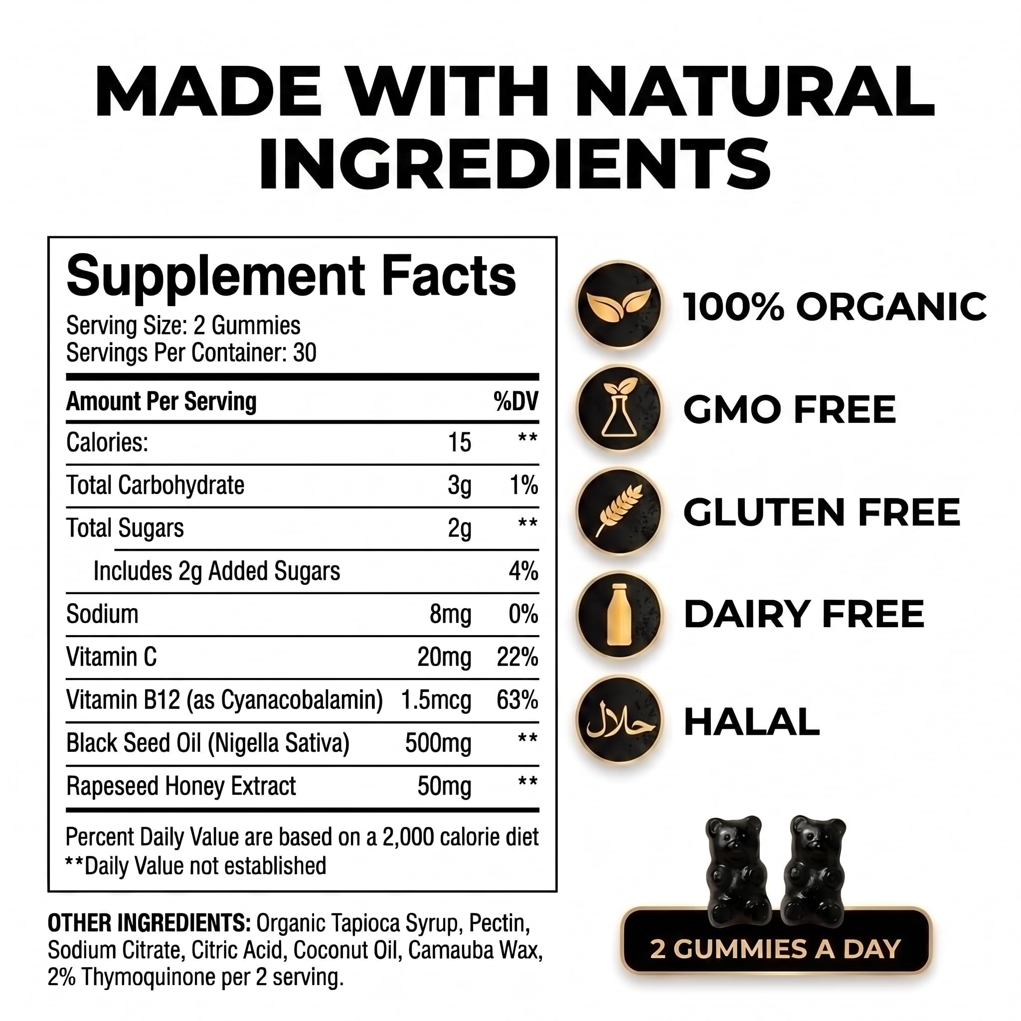 Black Seed Oil Gummies with Honey (Nigella Sativa), 5% Thymoquinone, Cold Pressed, 60 Count, 30 Day Supply — Amazon image 2