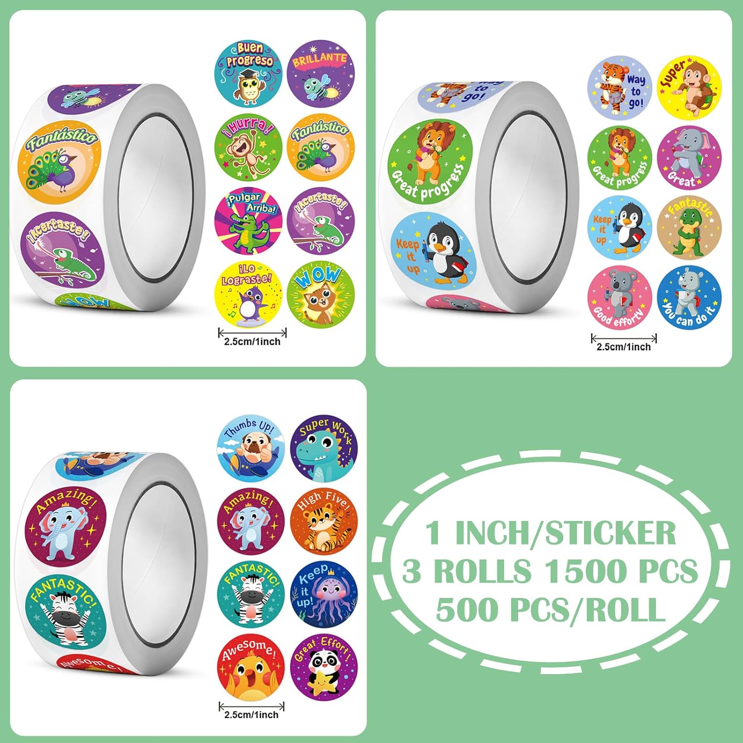 1500PCS Teacher Stickers Classroom Motivational Animals Stickers for Kids for Students Classroom Teacher Must Haves-24 Cute 1 inch Animals Designs